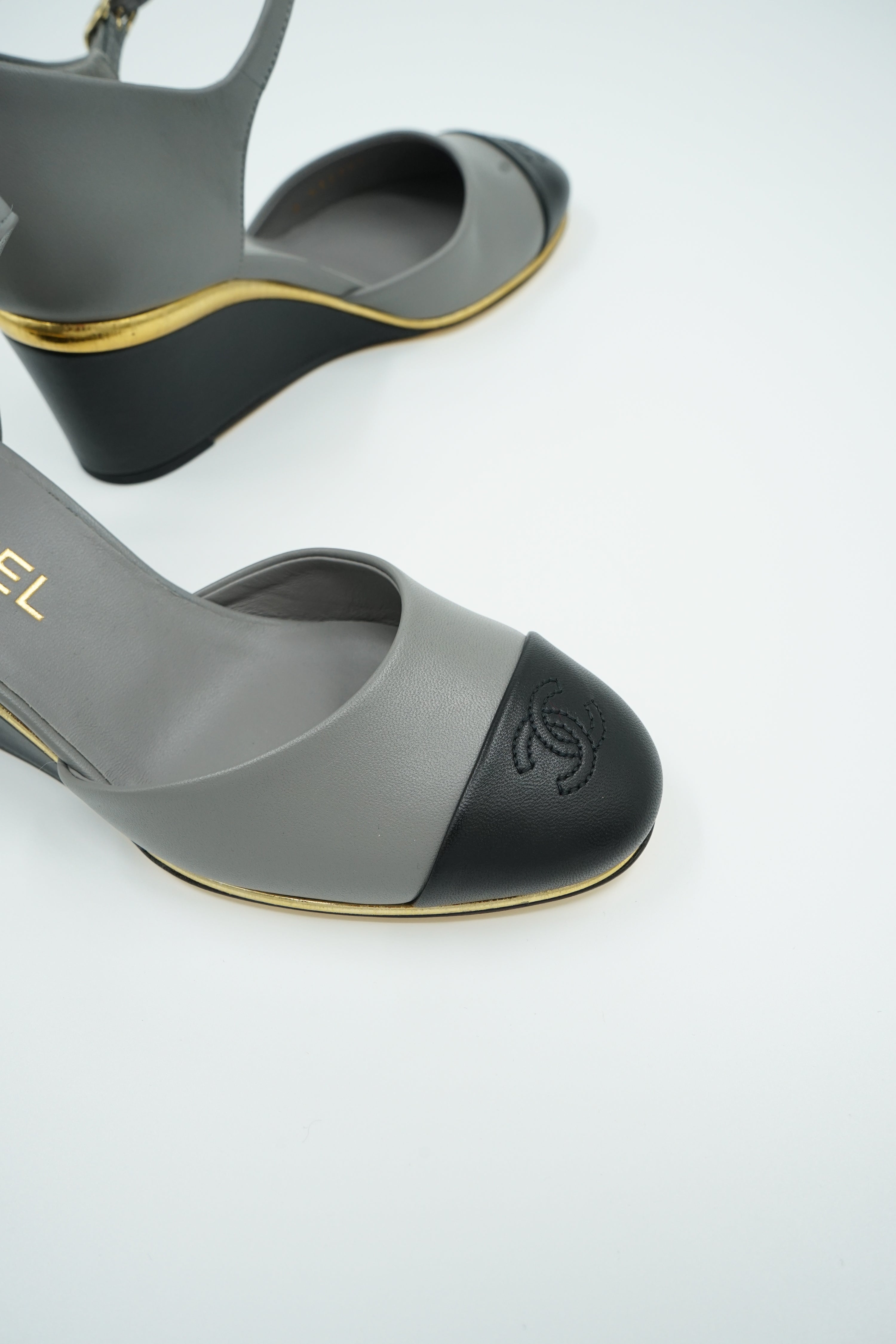 Chanel D'orsay Wedge Pumps Logo Cap Toe