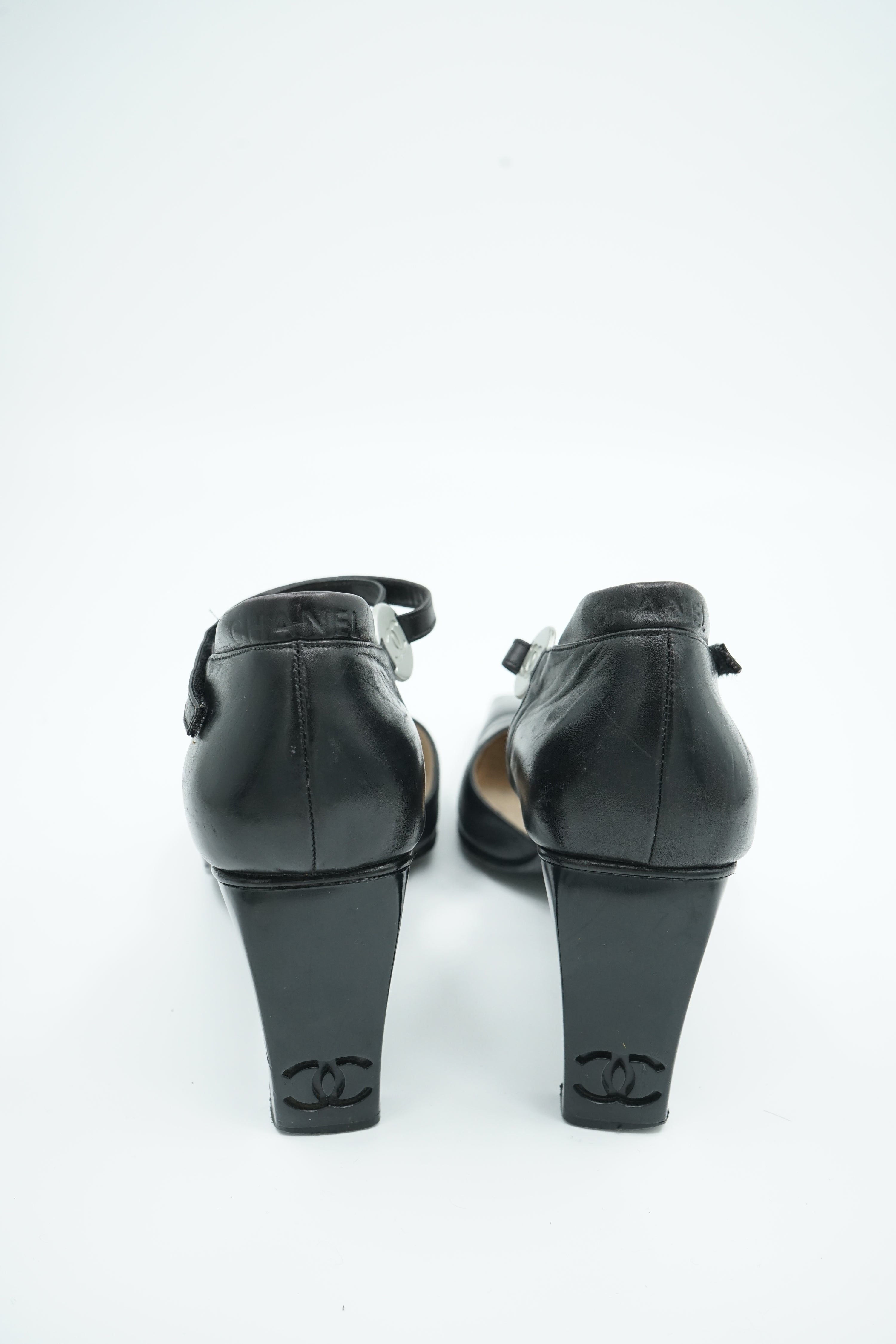 Chanel Logo Block Heel Pumps Black