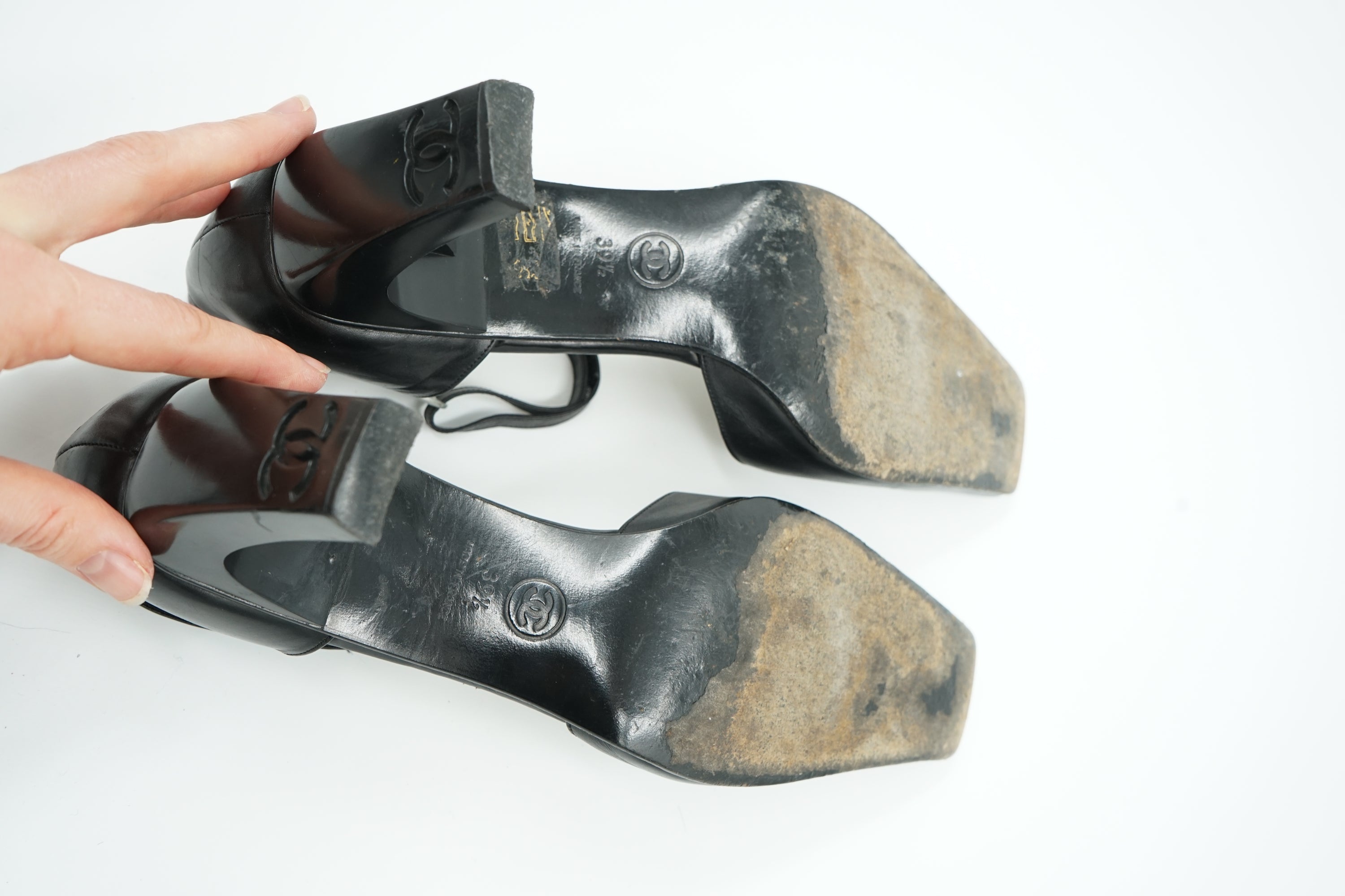 Chanel Logo Block Heel Pumps Black