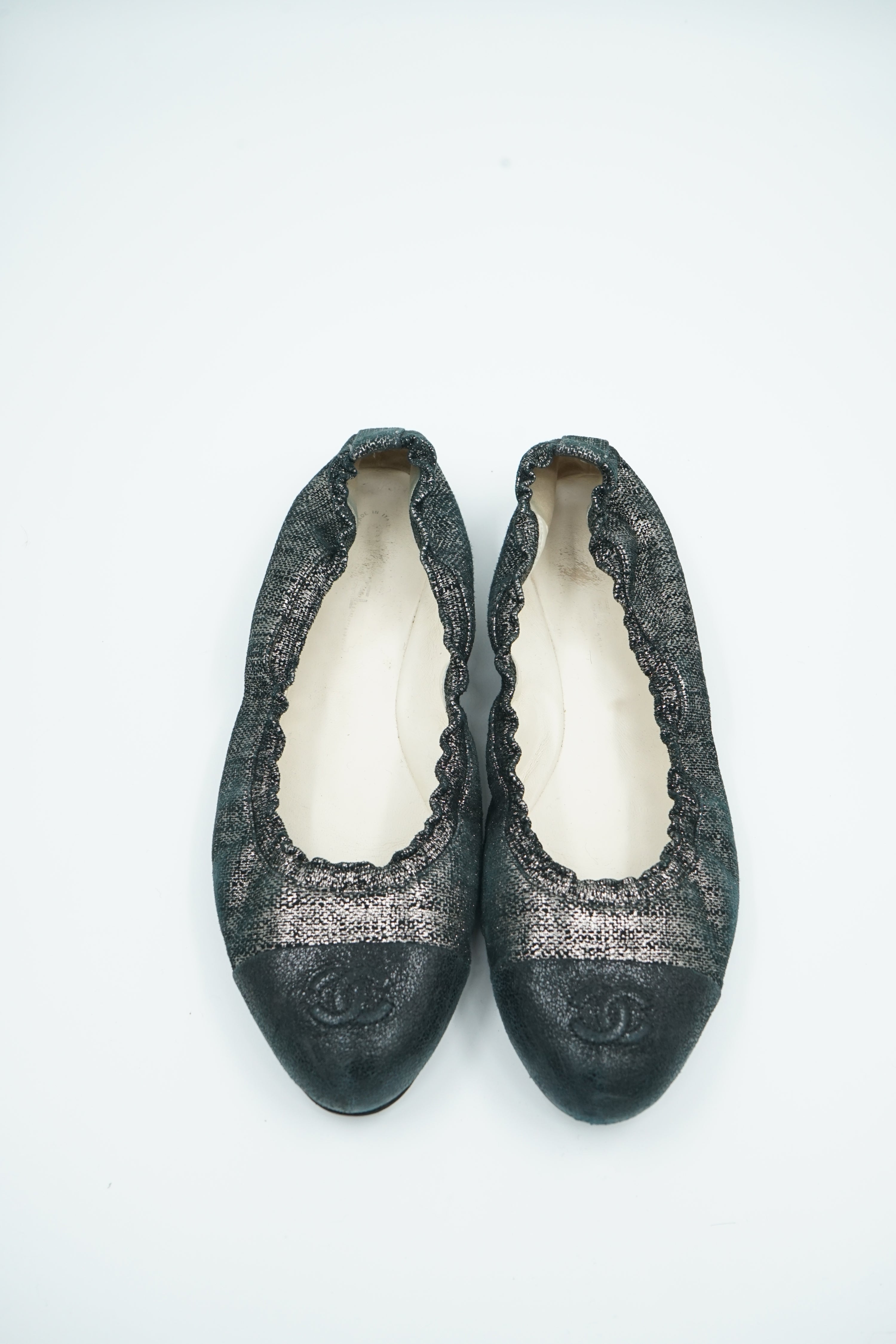Chanel Ballet Flats Cap Toe Logo Silver
