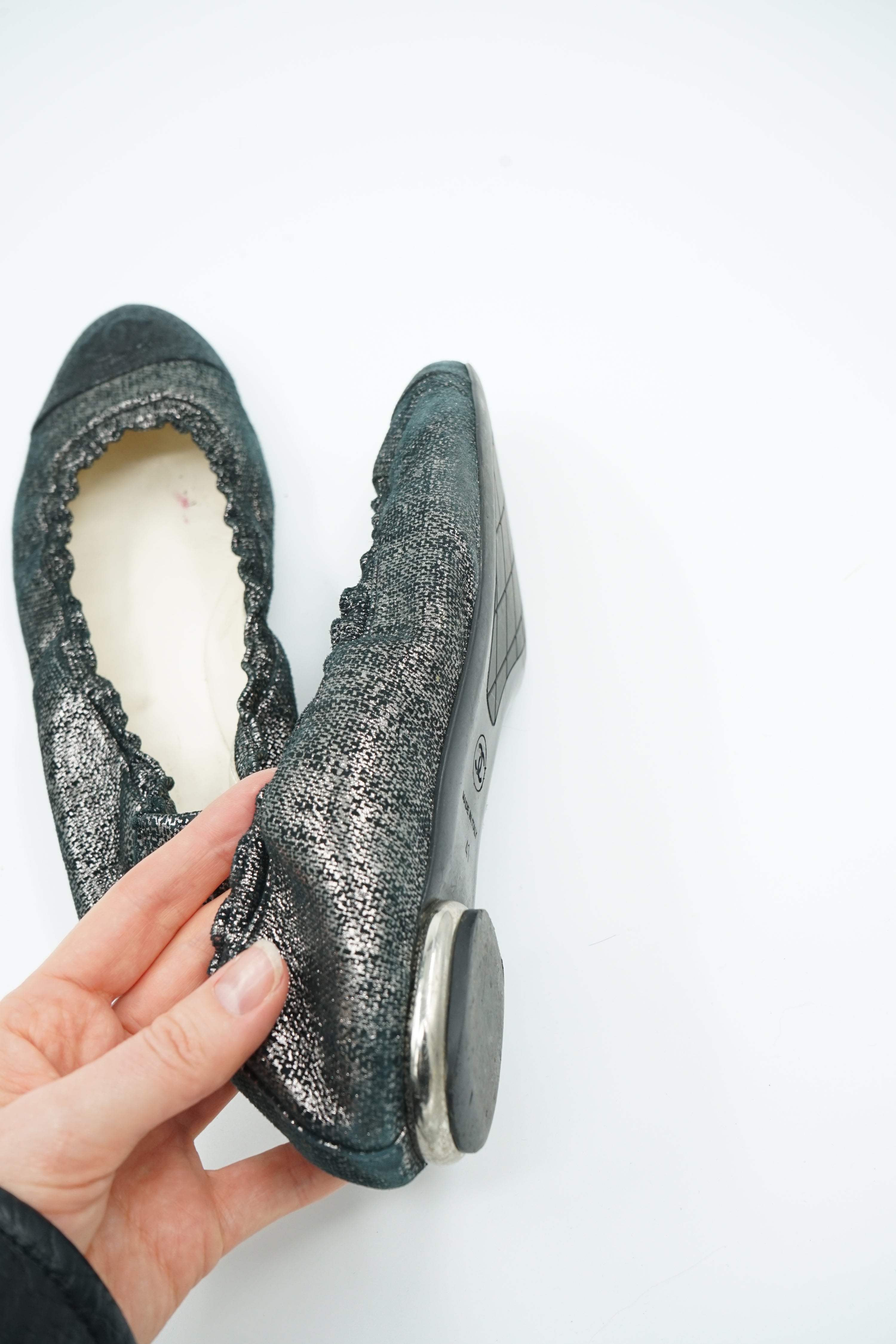 Chanel Ballet Flats Cap Toe Logo Silver