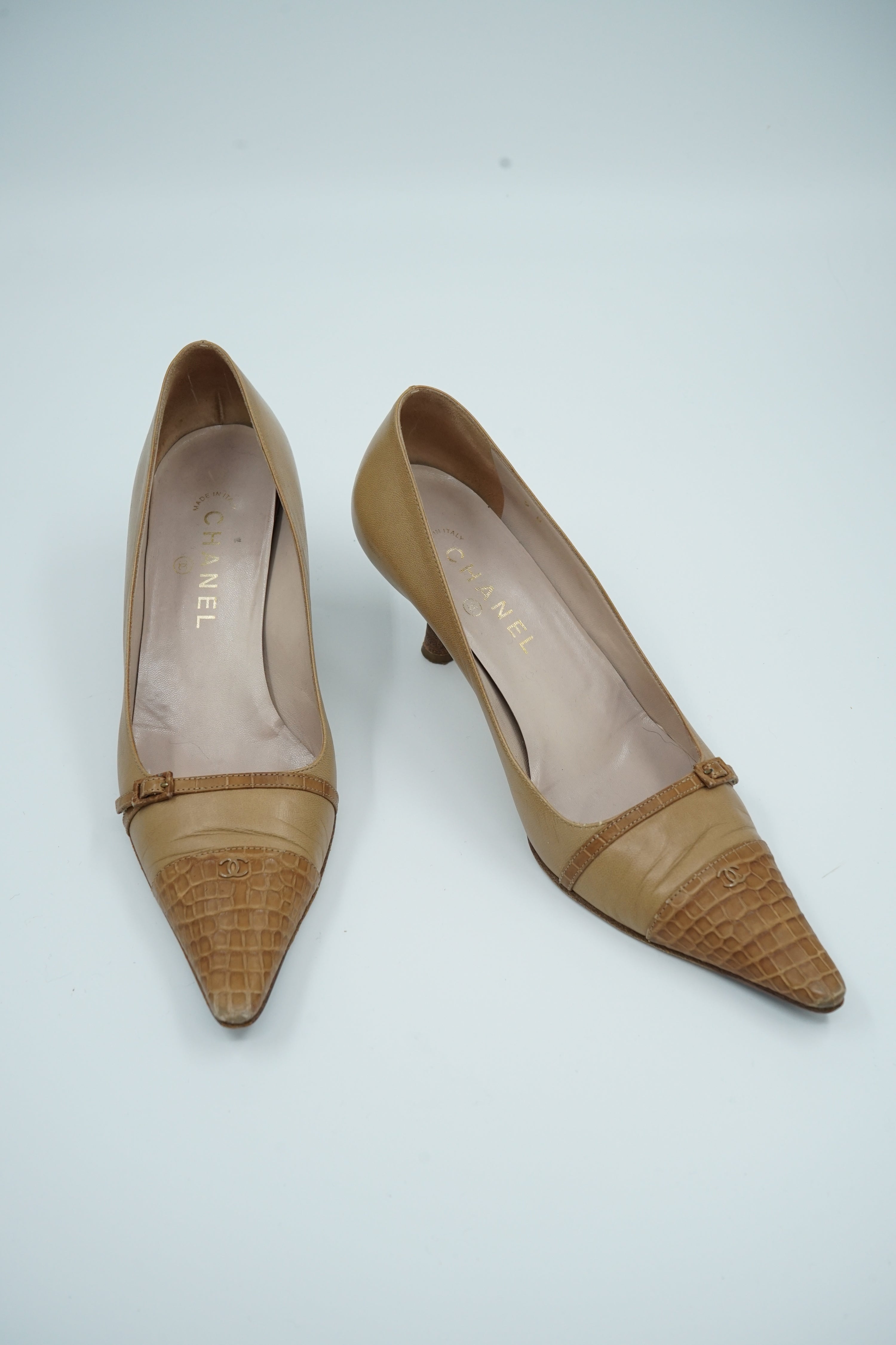 Chanel Croc Detail Kitten Heels Brown