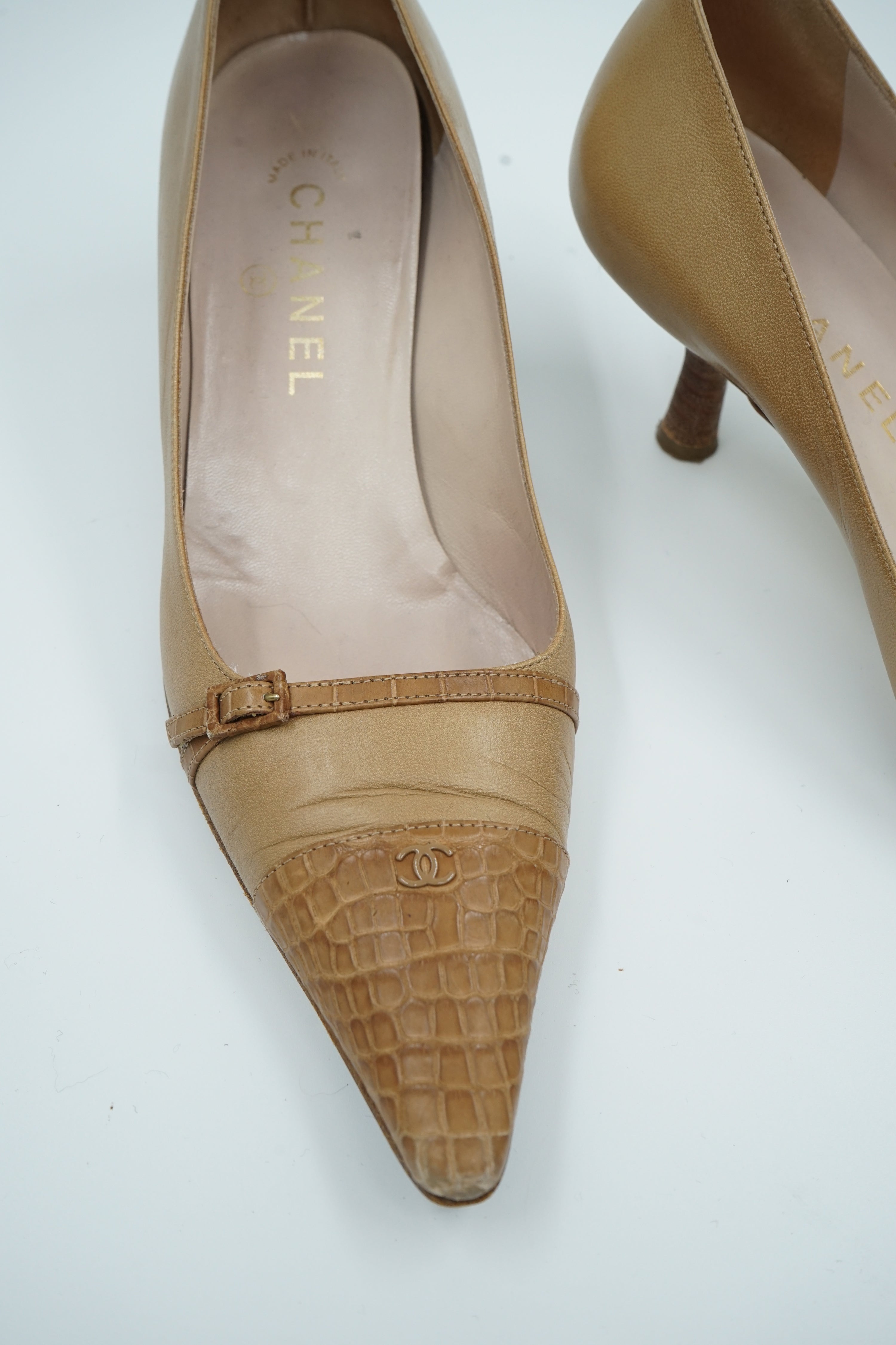 Chanel Croc Detail Kitten Heels Brown