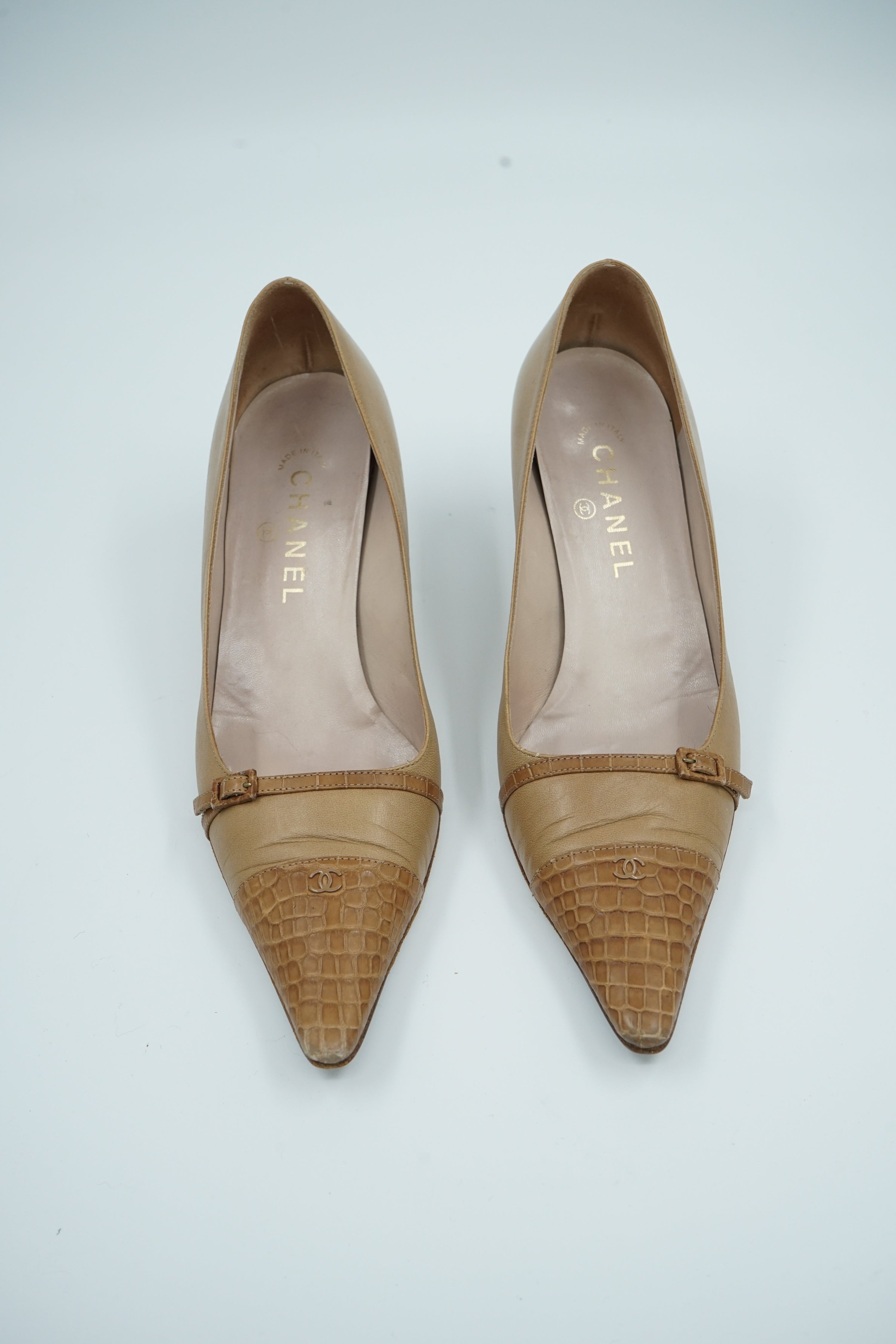 Chanel Croc Detail Kitten Heels Brown