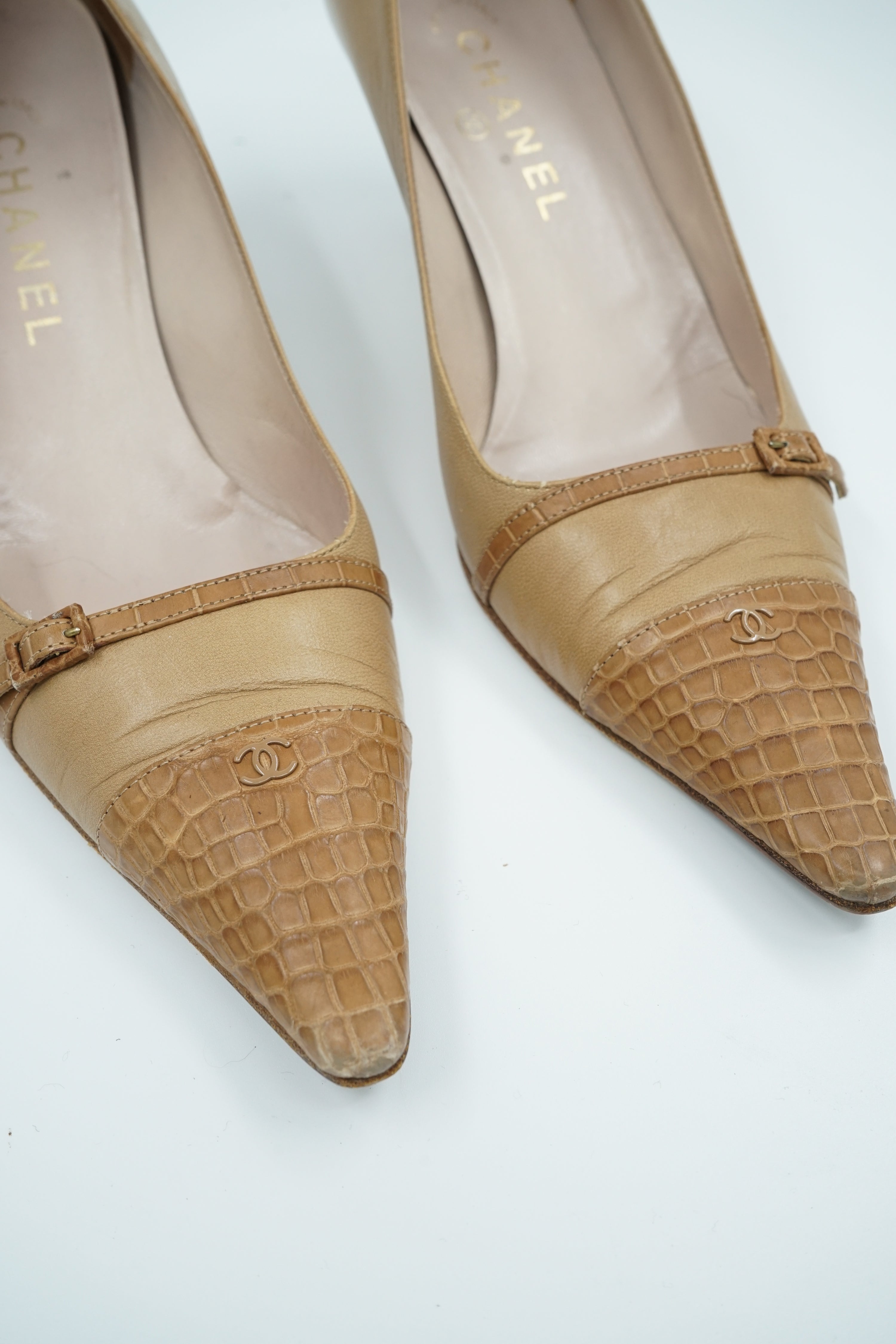 Chanel Croc Detail Kitten Heels Brown