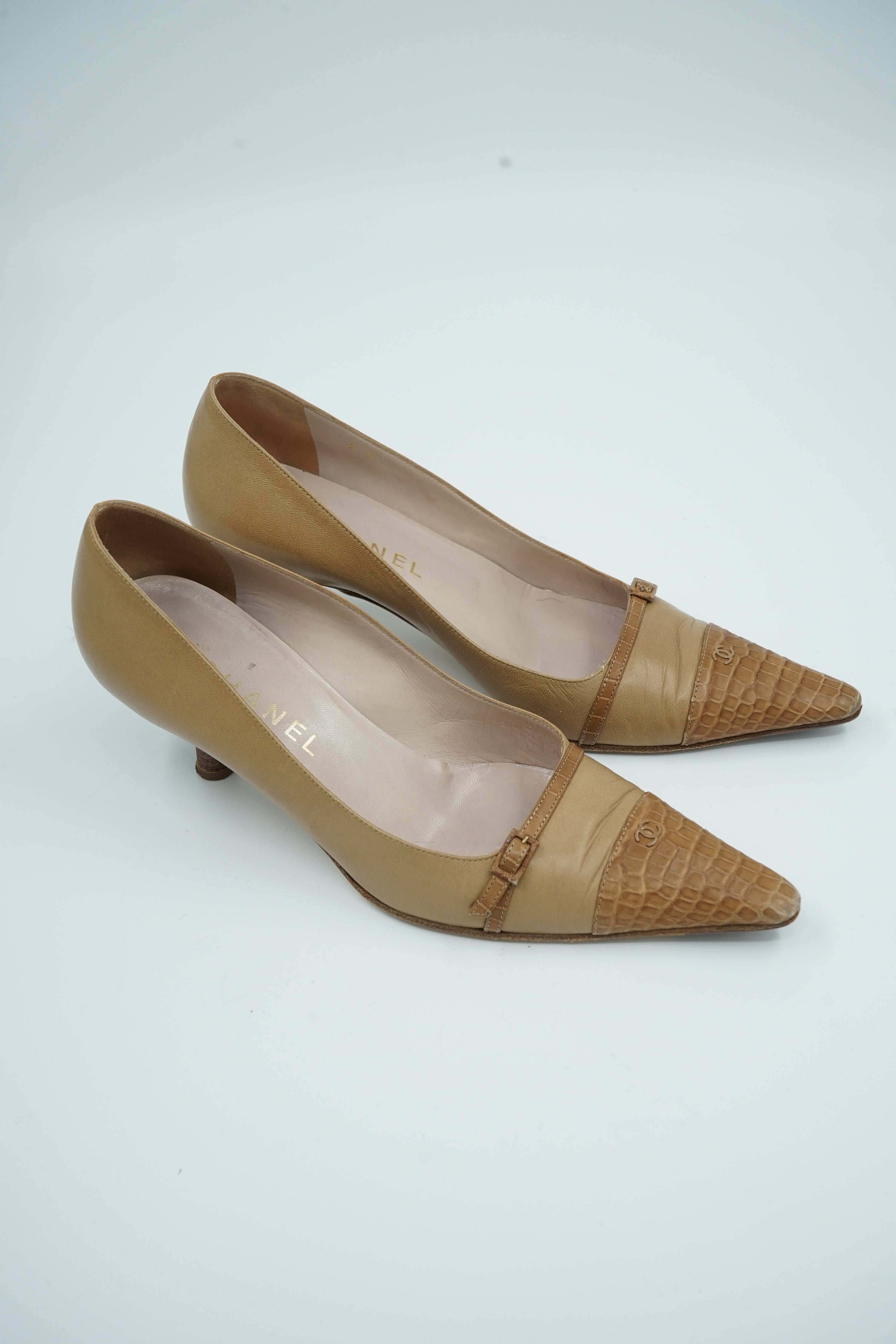 Chanel Croc Detail Kitten Heels Brown