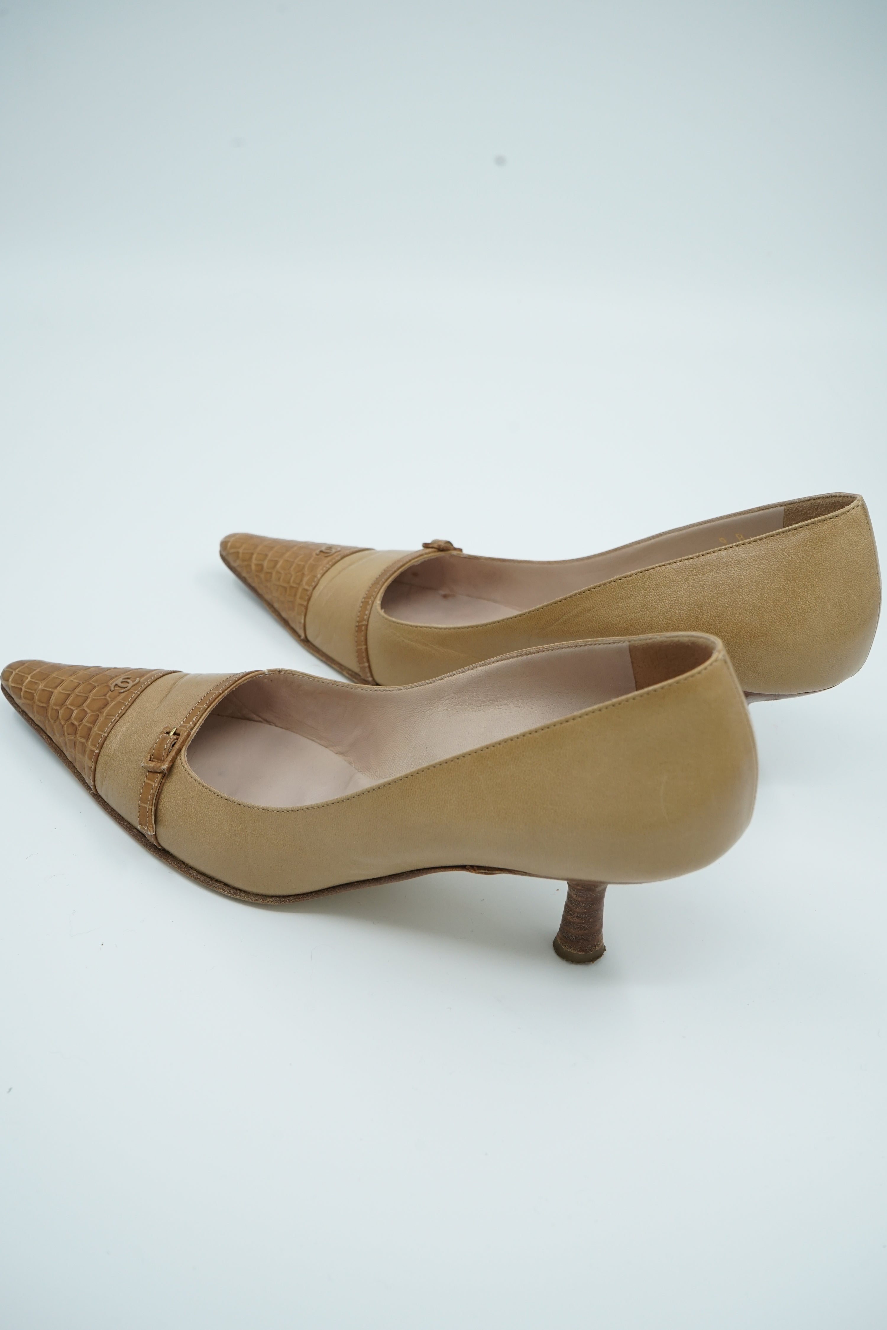 Chanel Croc Detail Kitten Heels Brown