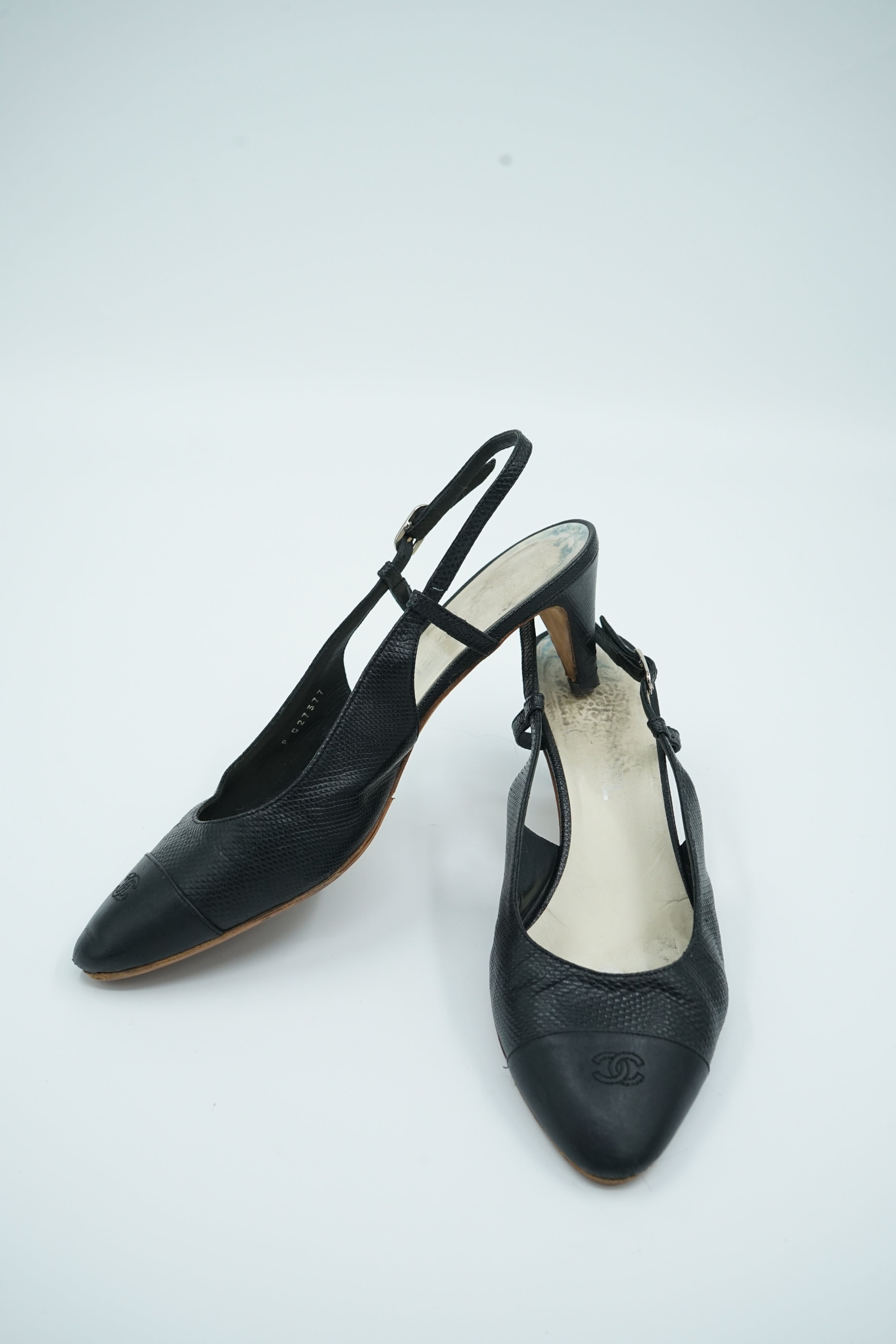 Chanel Textured Leather Cap Toe Slingback Pumps Black