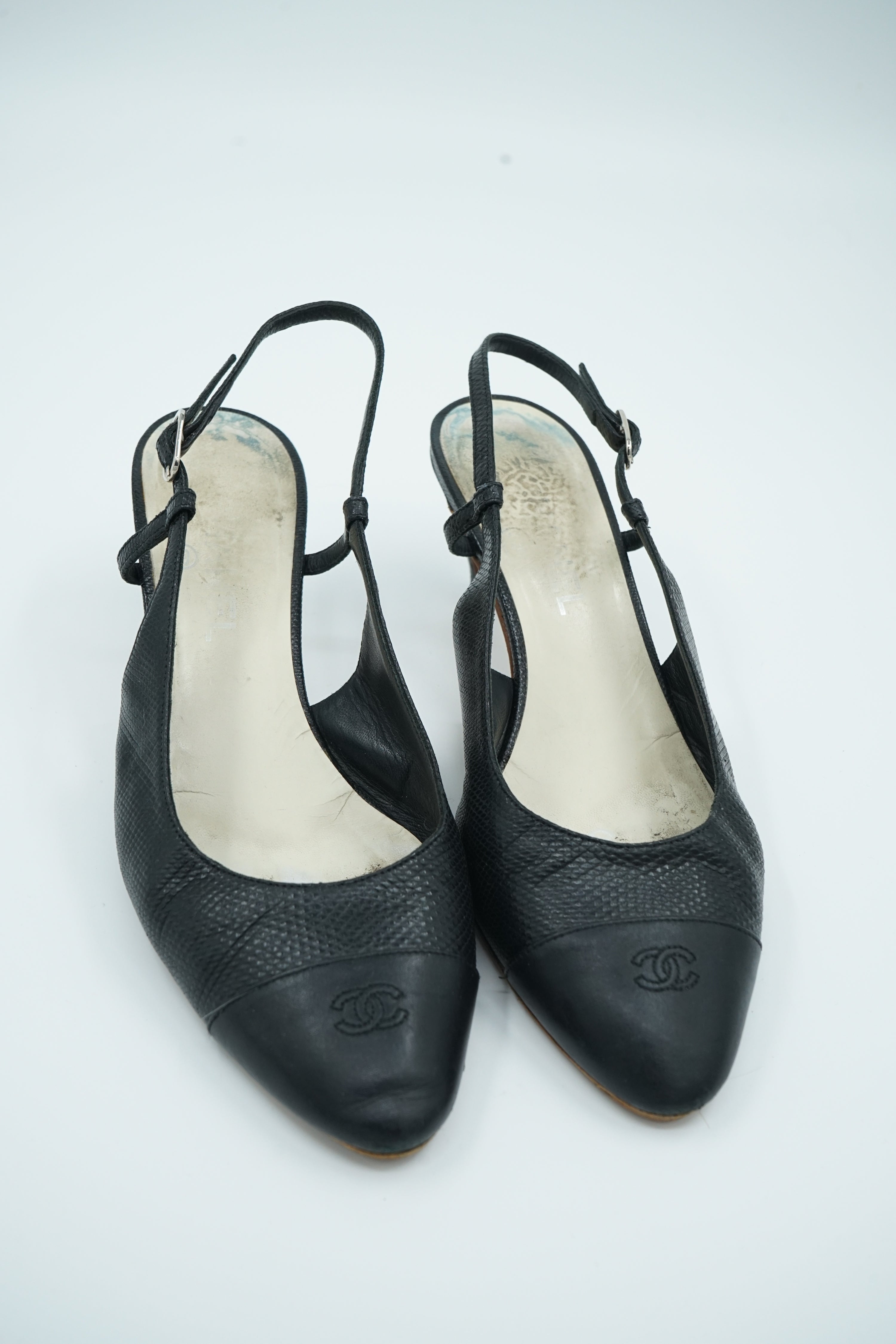 Chanel Textured Leather Cap Toe Slingback Pumps Black
