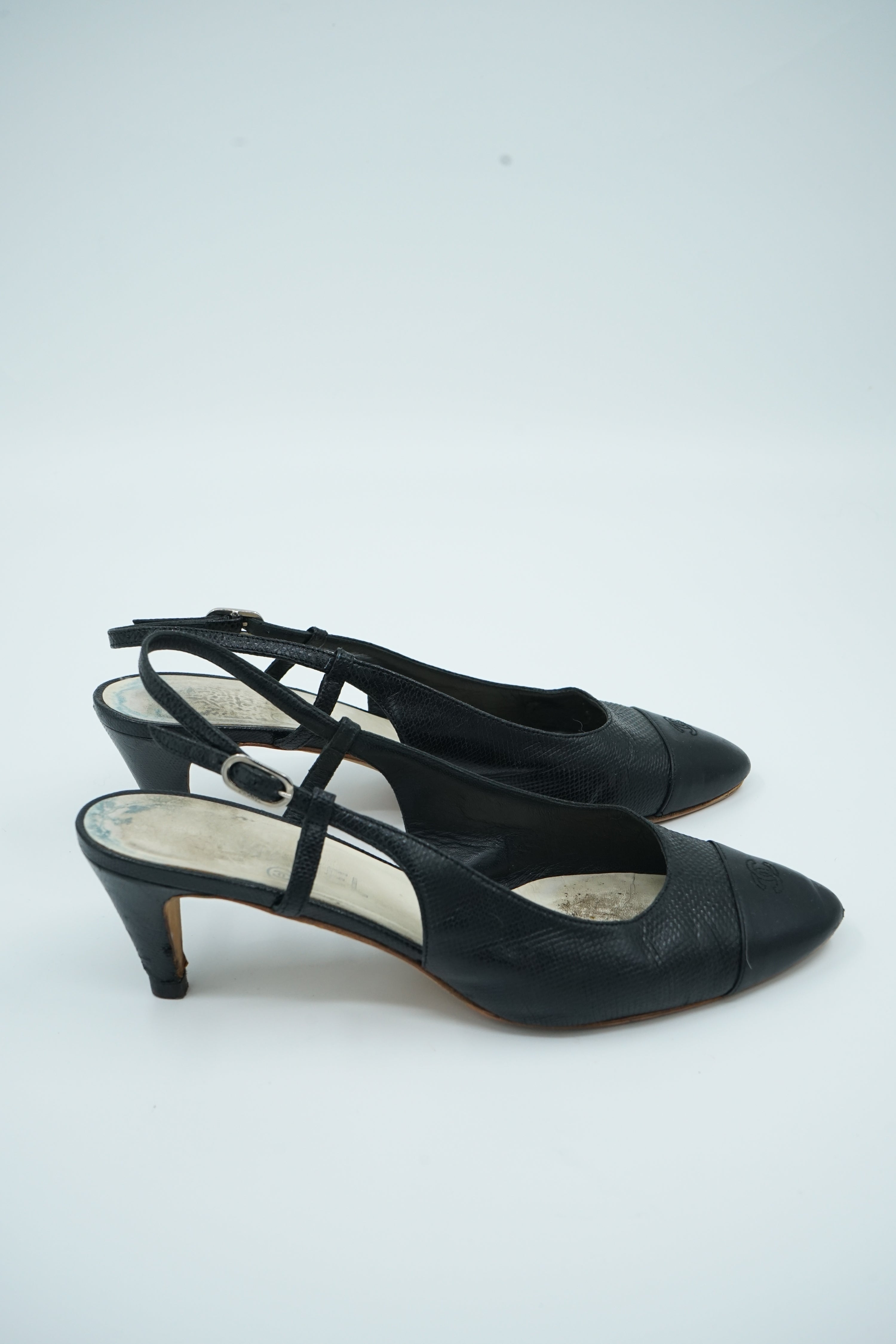 Chanel Textured Leather Cap Toe Slingback Pumps Black