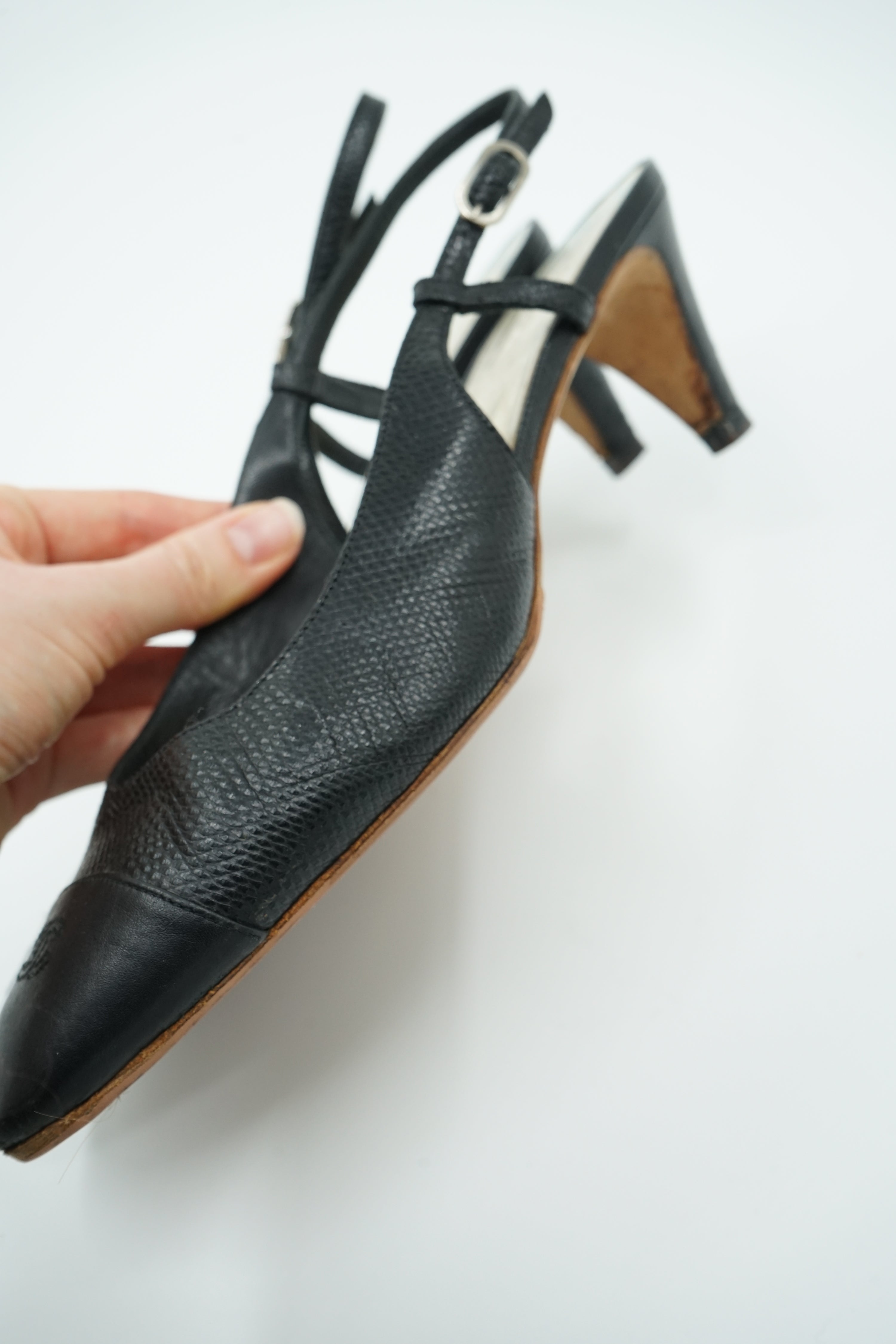 Chanel Textured Leather Cap Toe Slingback Pumps Black