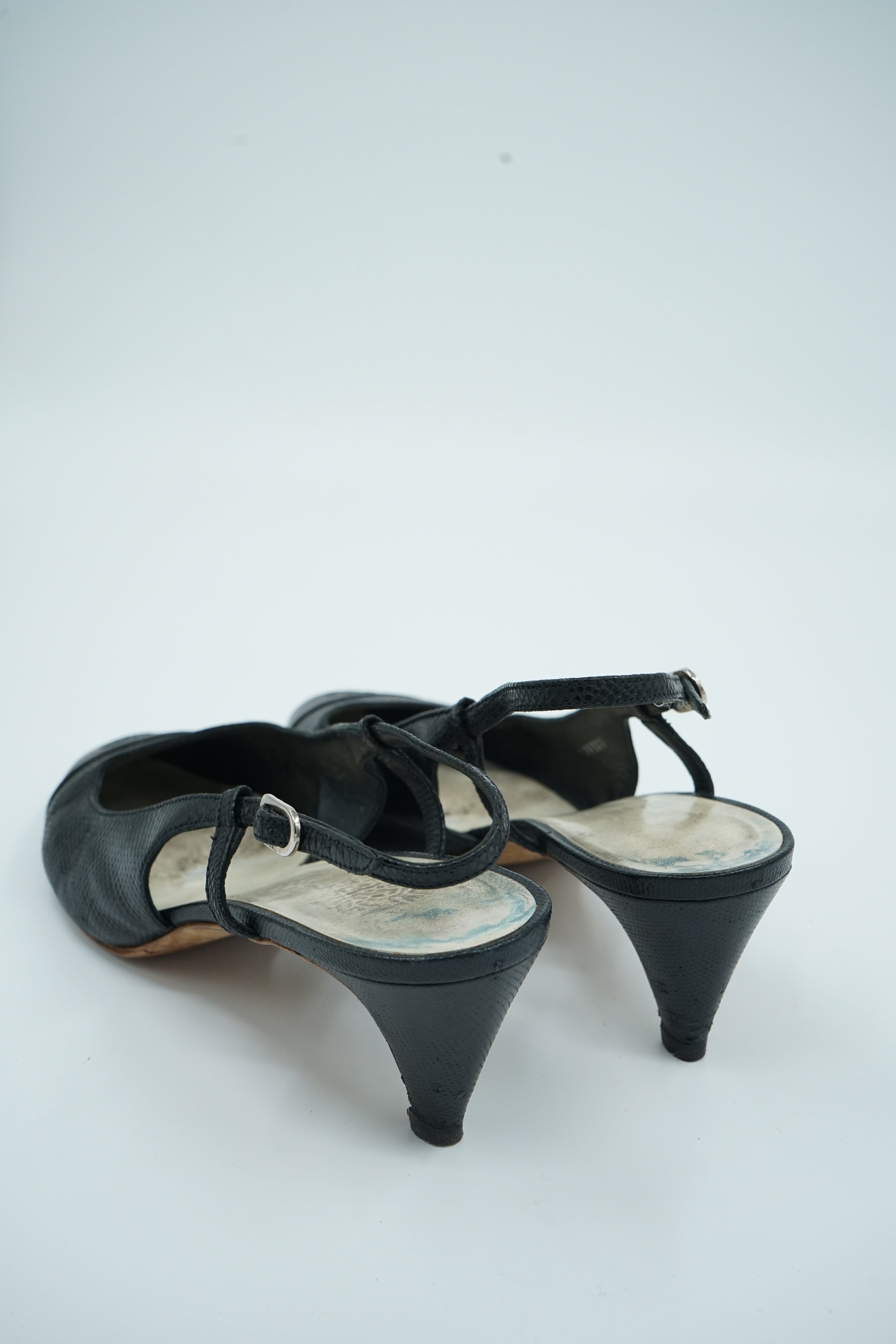 Chanel Textured Leather Cap Toe Slingback Pumps Black