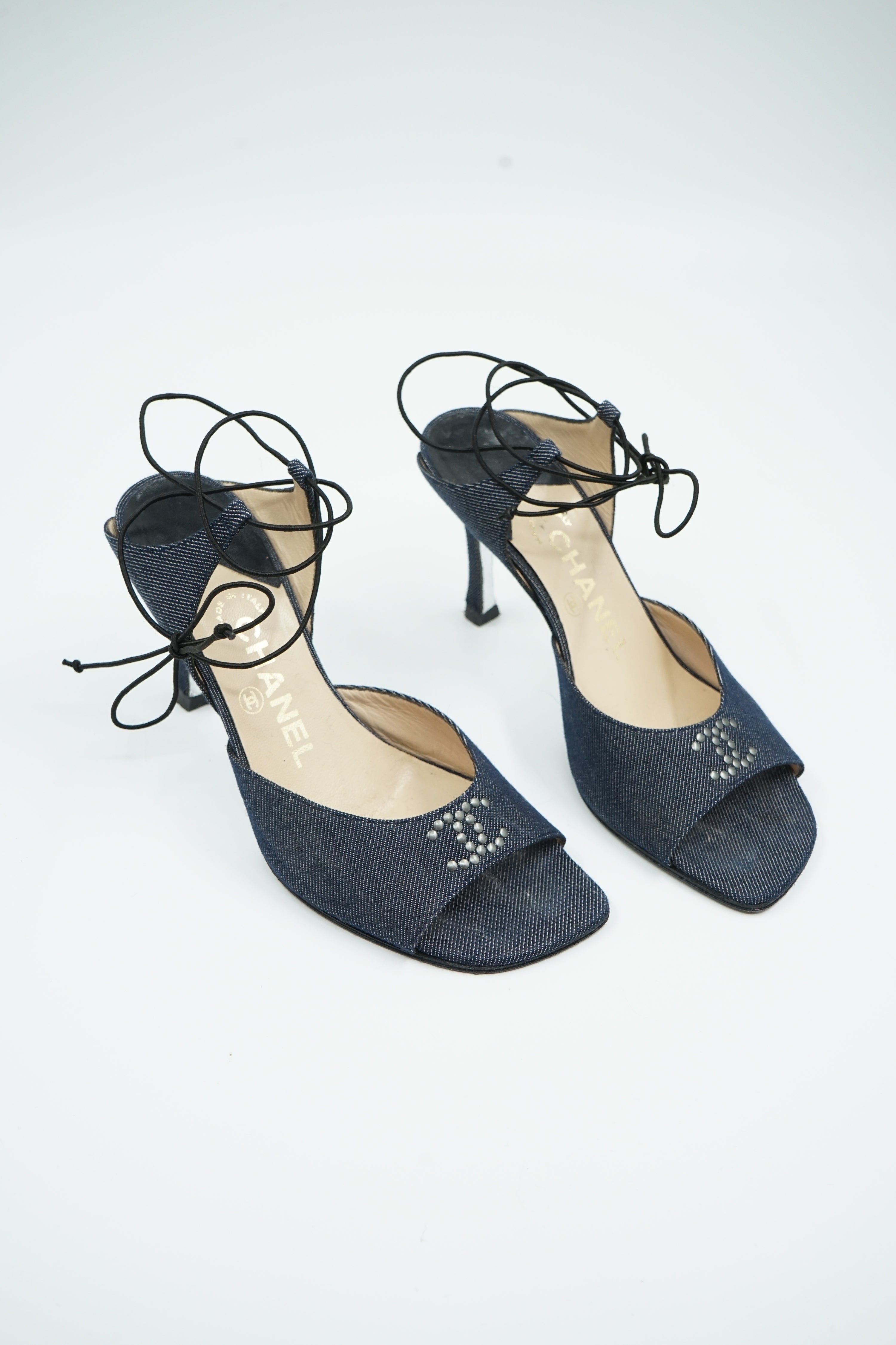 Chanel Denim Logo Ankle Lace Up Heels