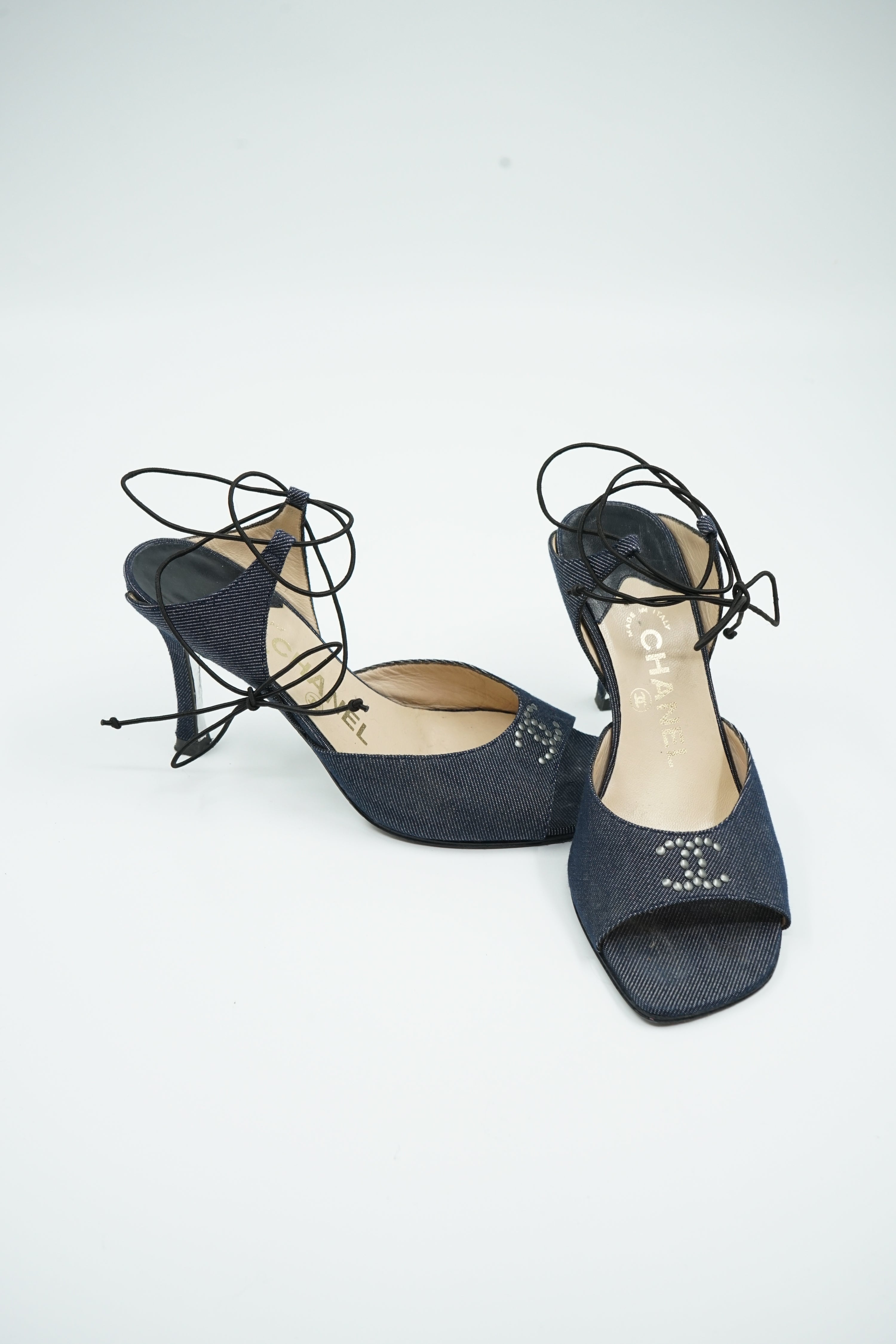 Chanel Denim Logo Ankle Lace Up Heels