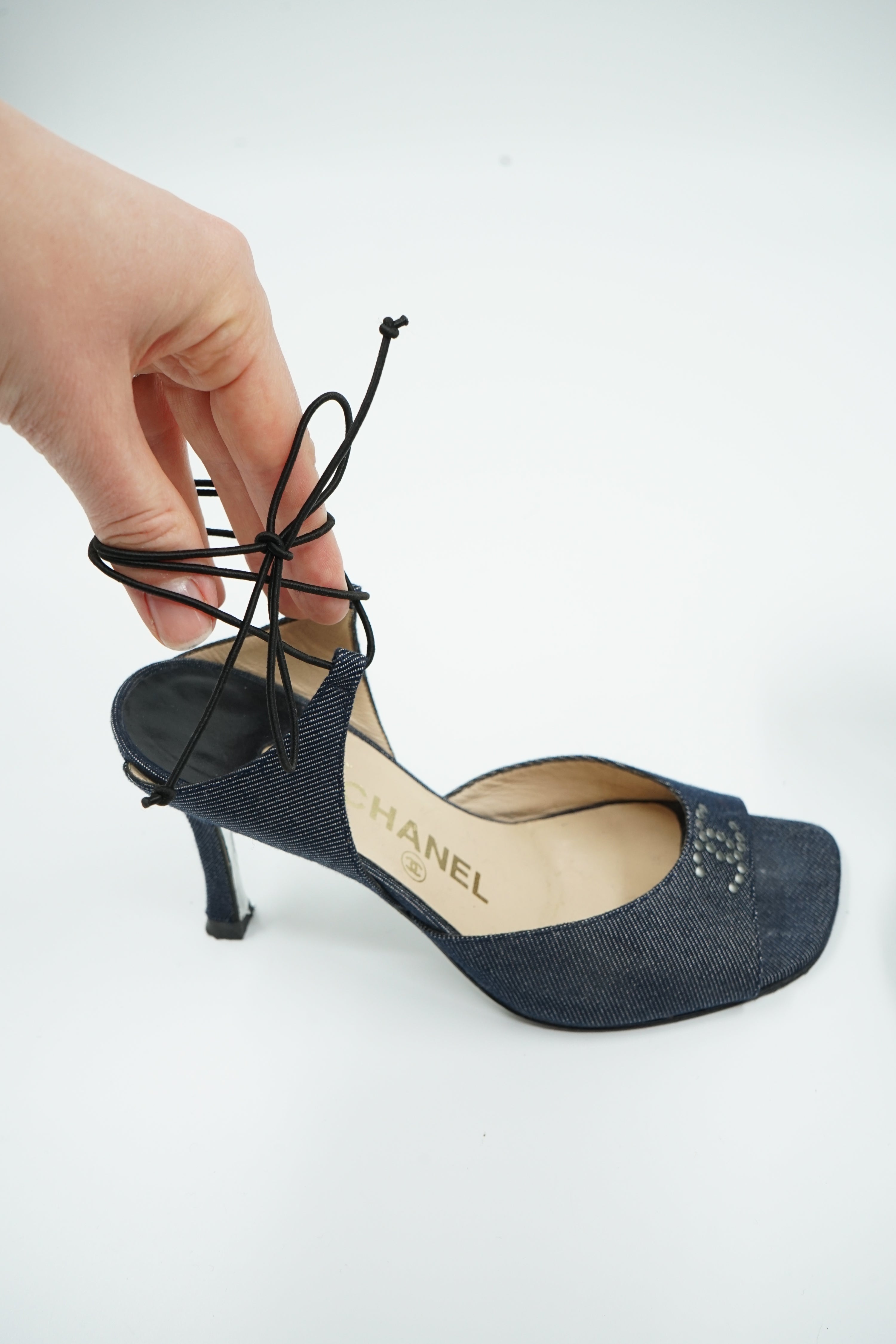 Chanel Denim Logo Ankle Lace Up Heels