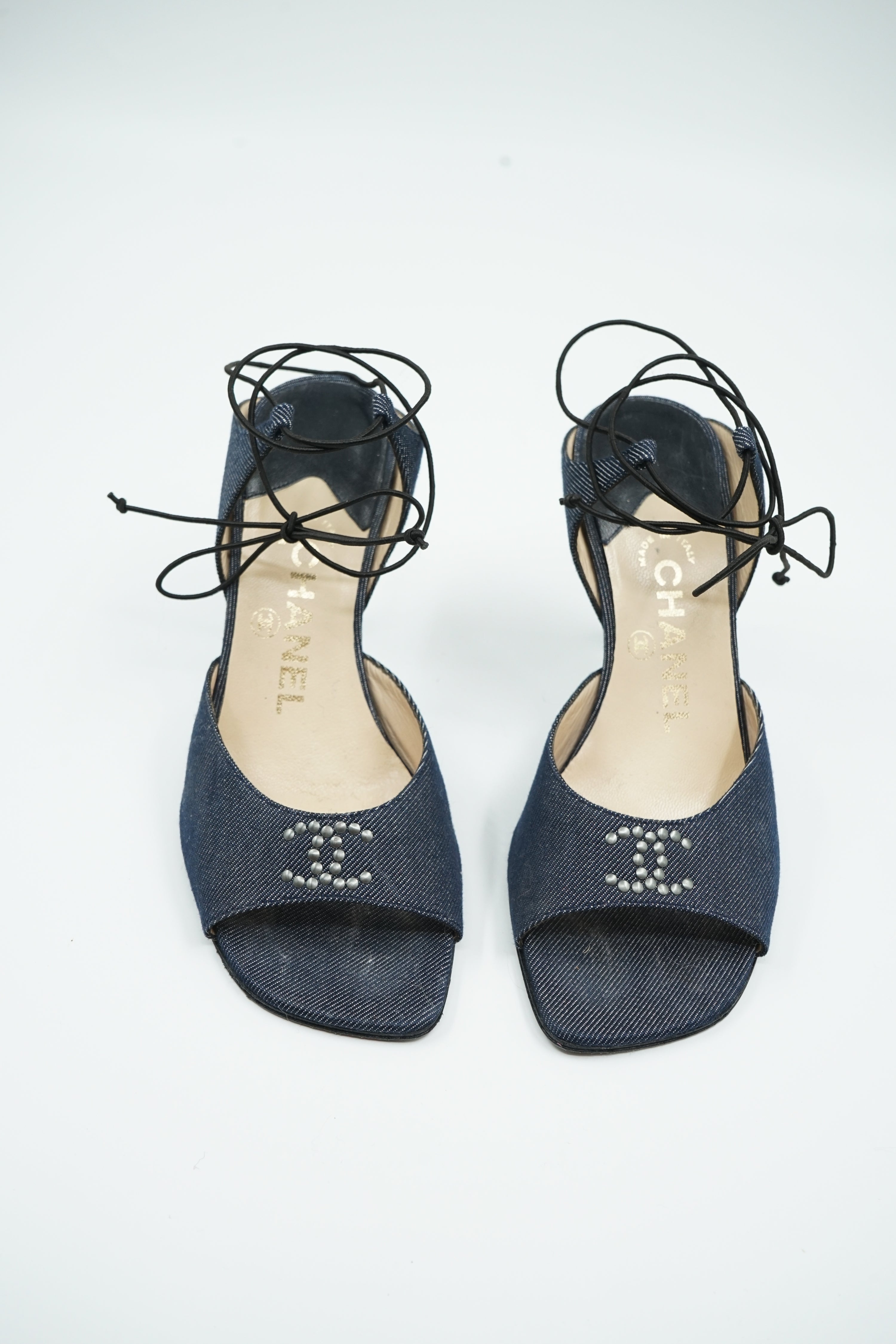 Chanel Denim Logo Ankle Lace Up Heels