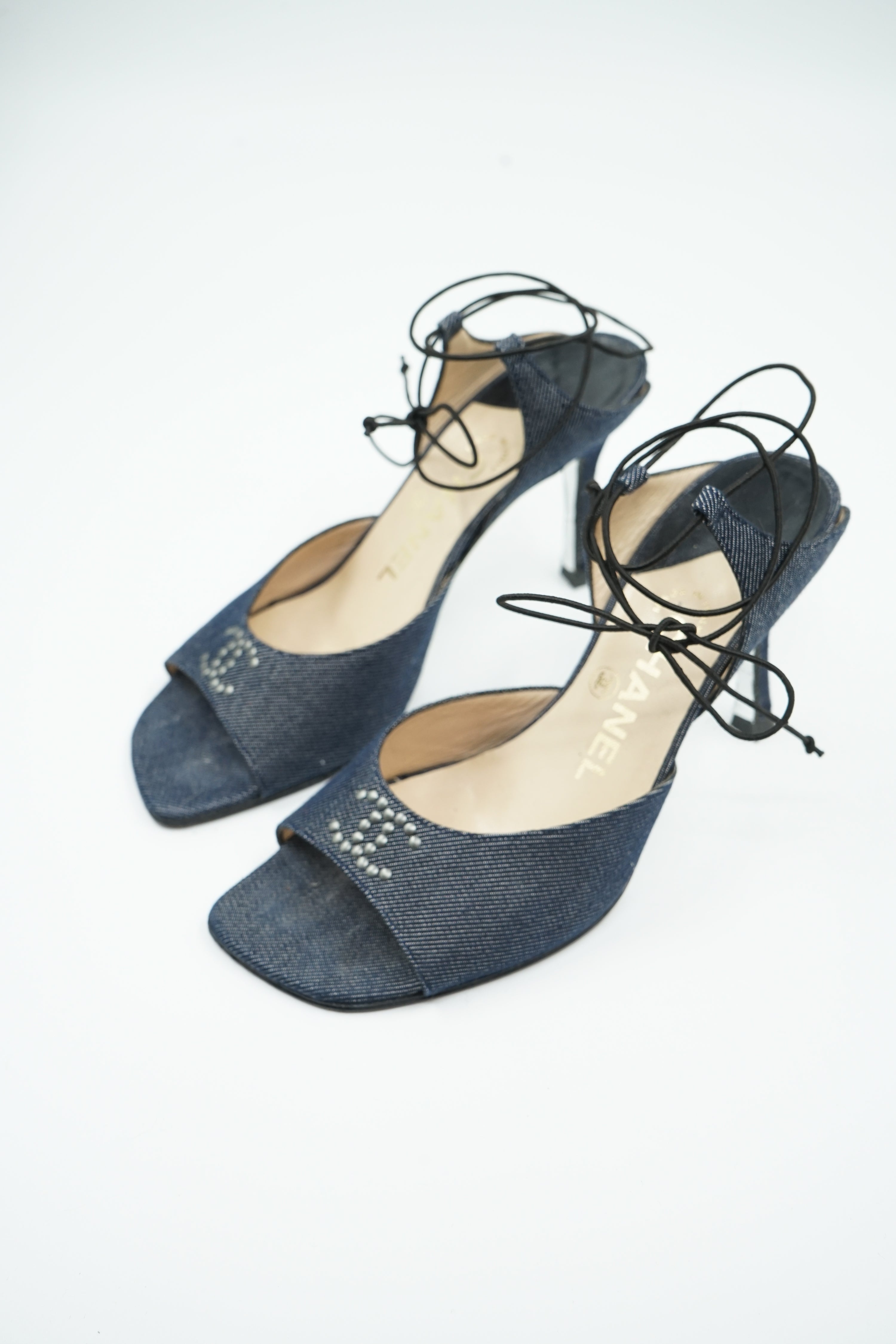 Chanel Denim Logo Ankle Lace Up Heels