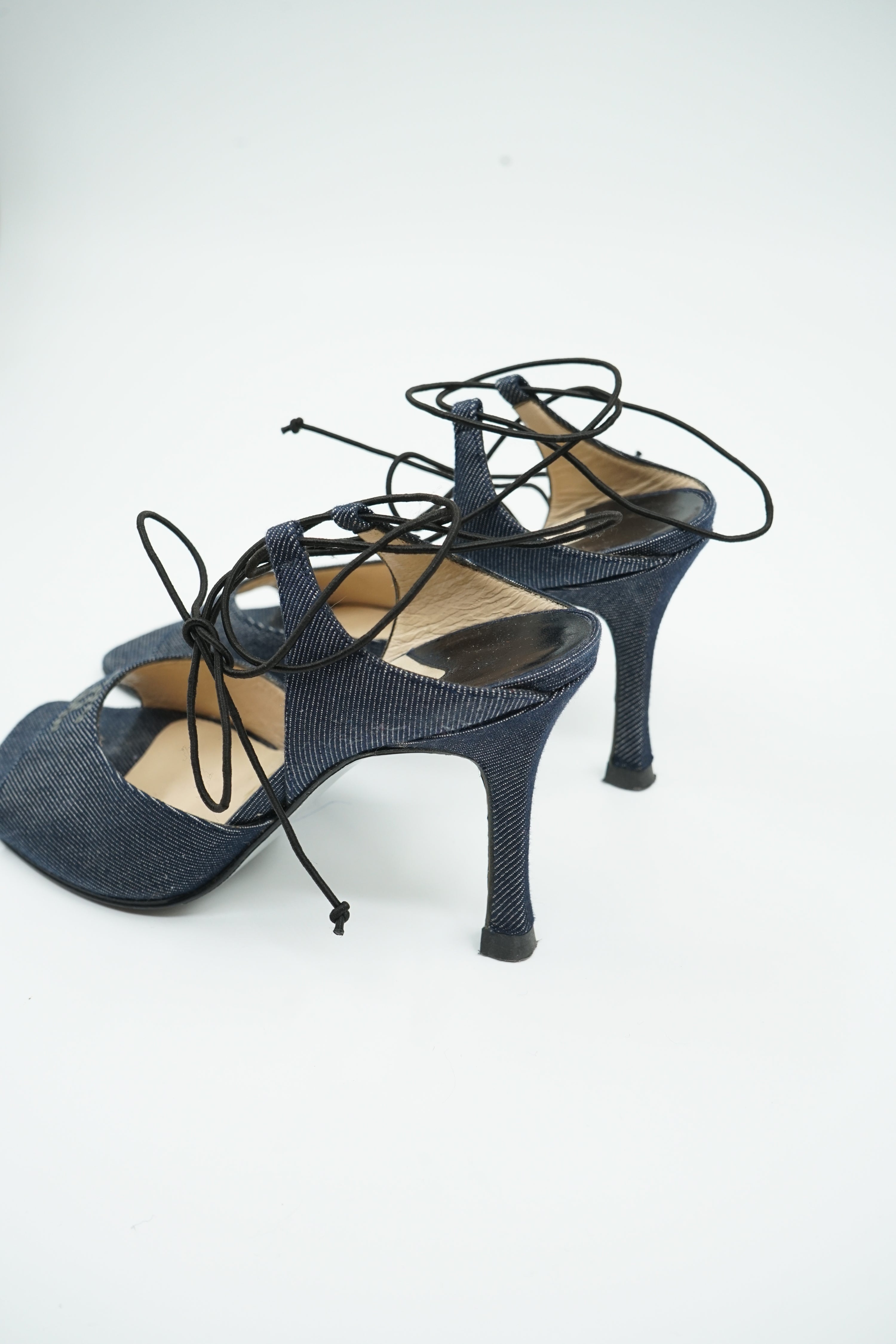 Chanel Denim Logo Ankle Lace Up Heels