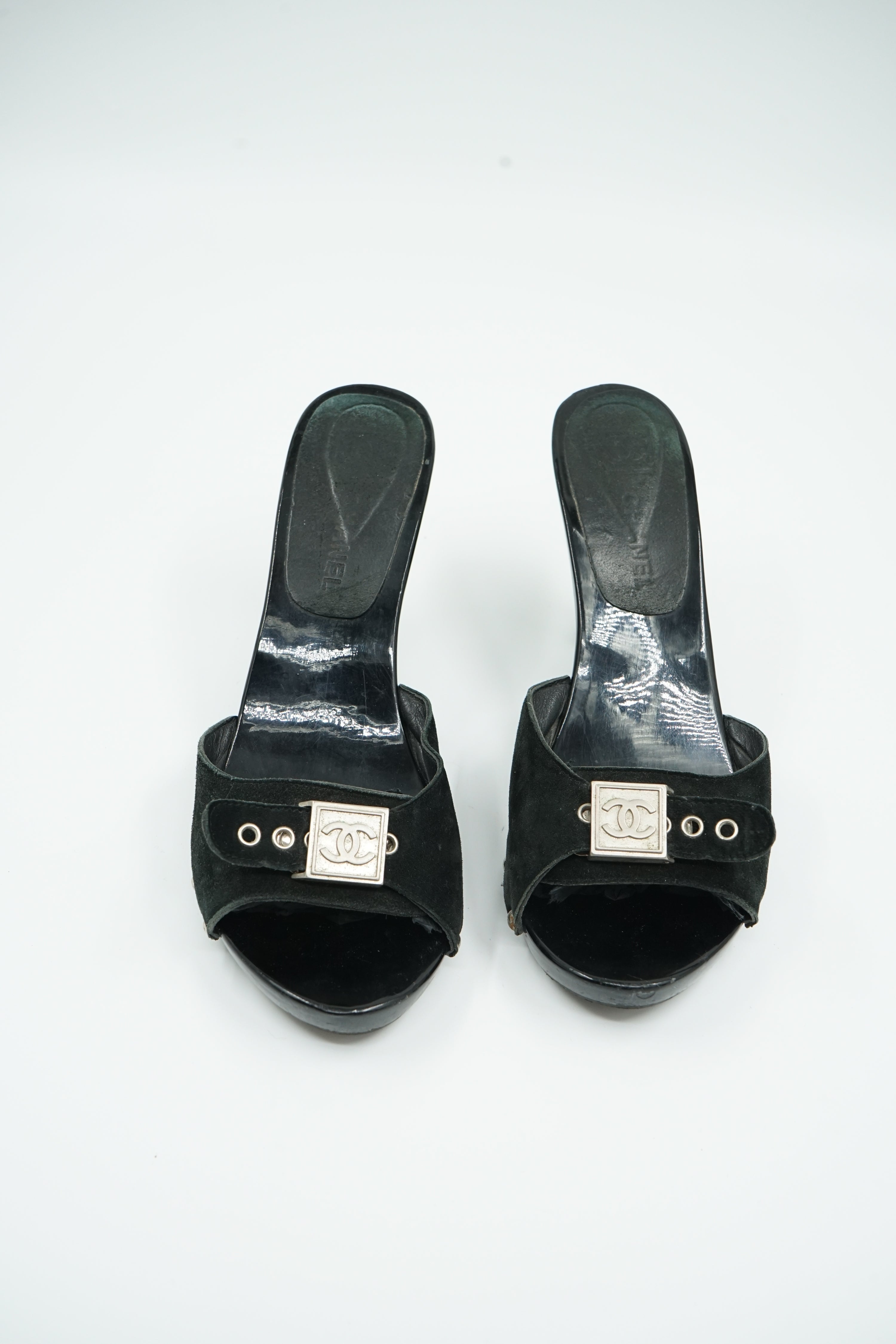 Chanel Studded Suede Platform Mules