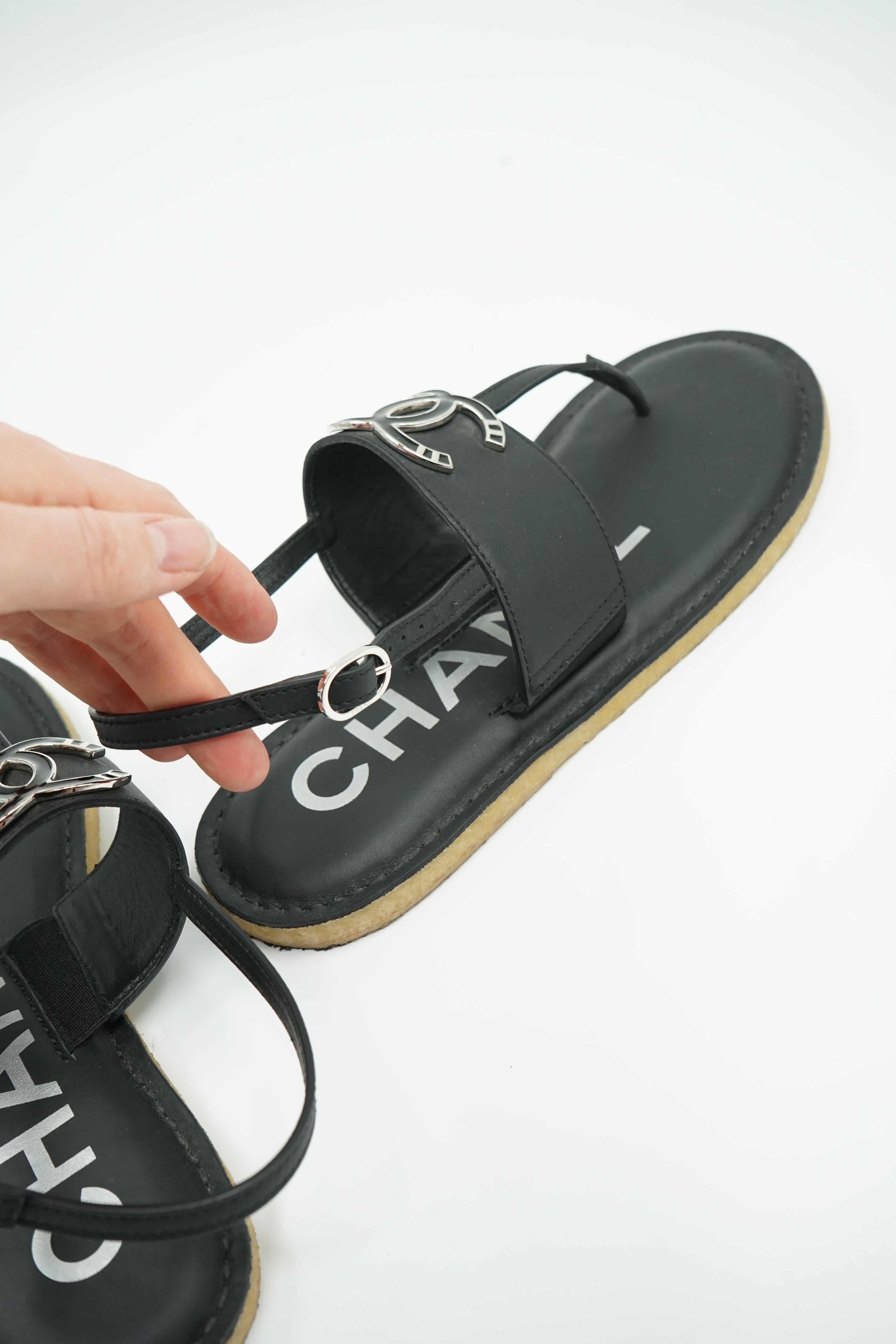 Chanel Open Logo Sandals Black