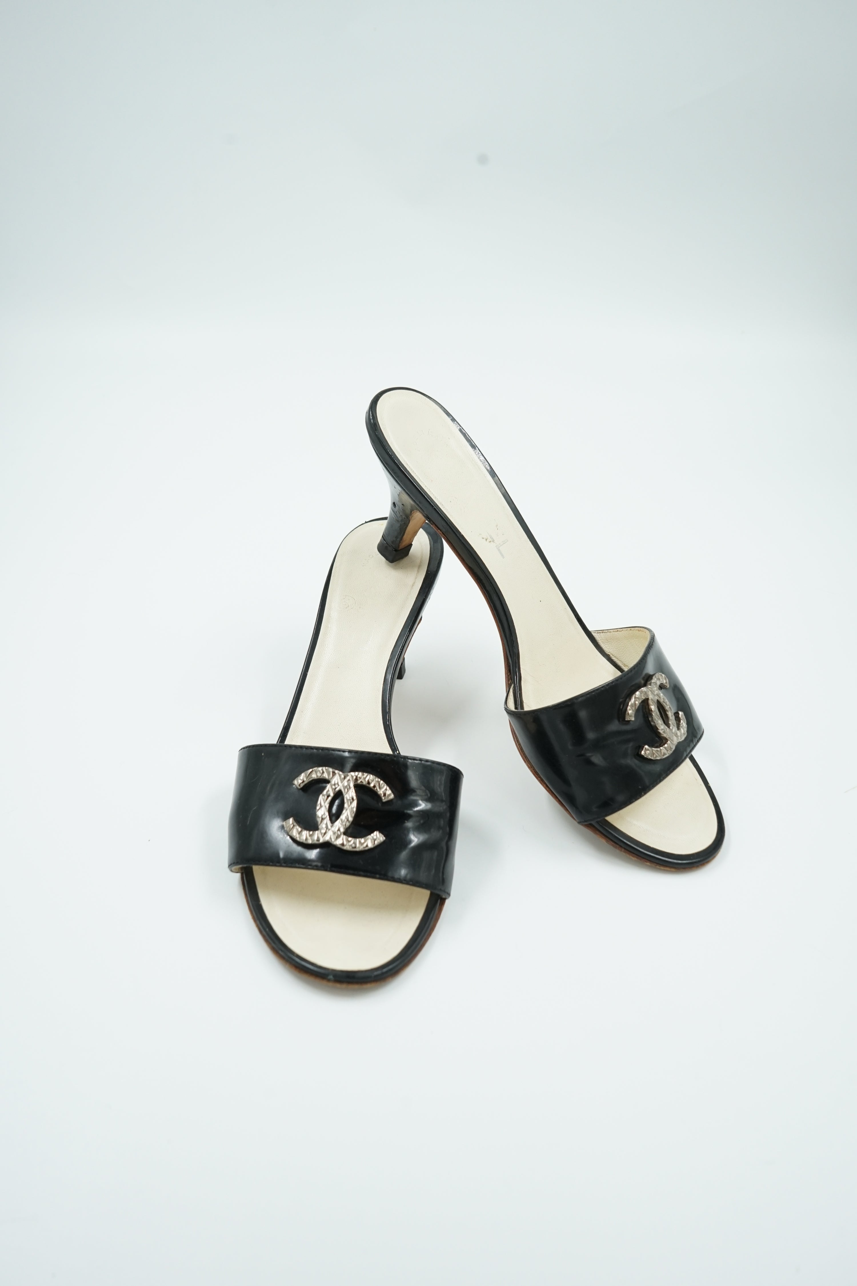 Chanel Patent Leather Logo Open Toe Mules