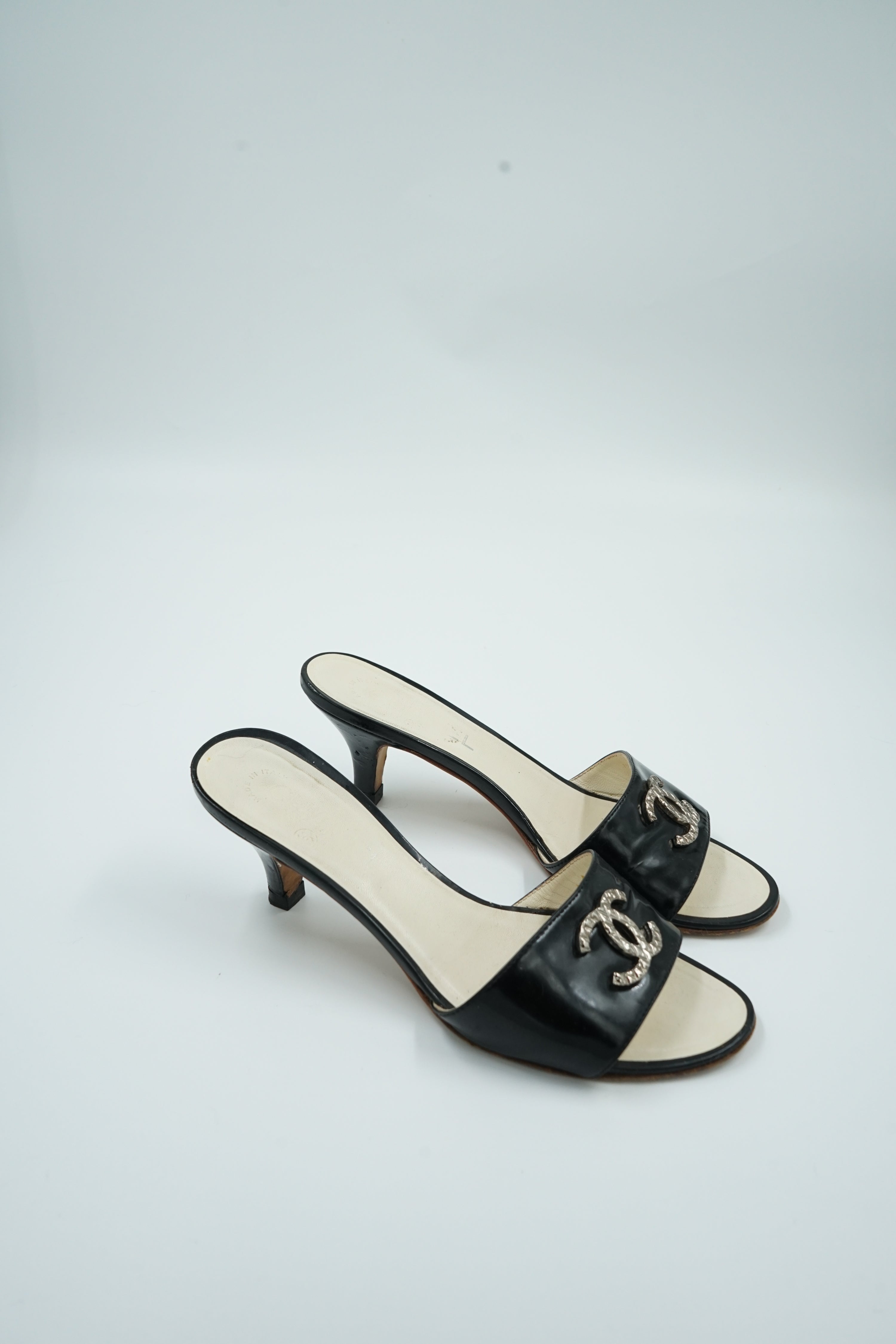 Chanel Patent Leather Logo Open Toe Mules