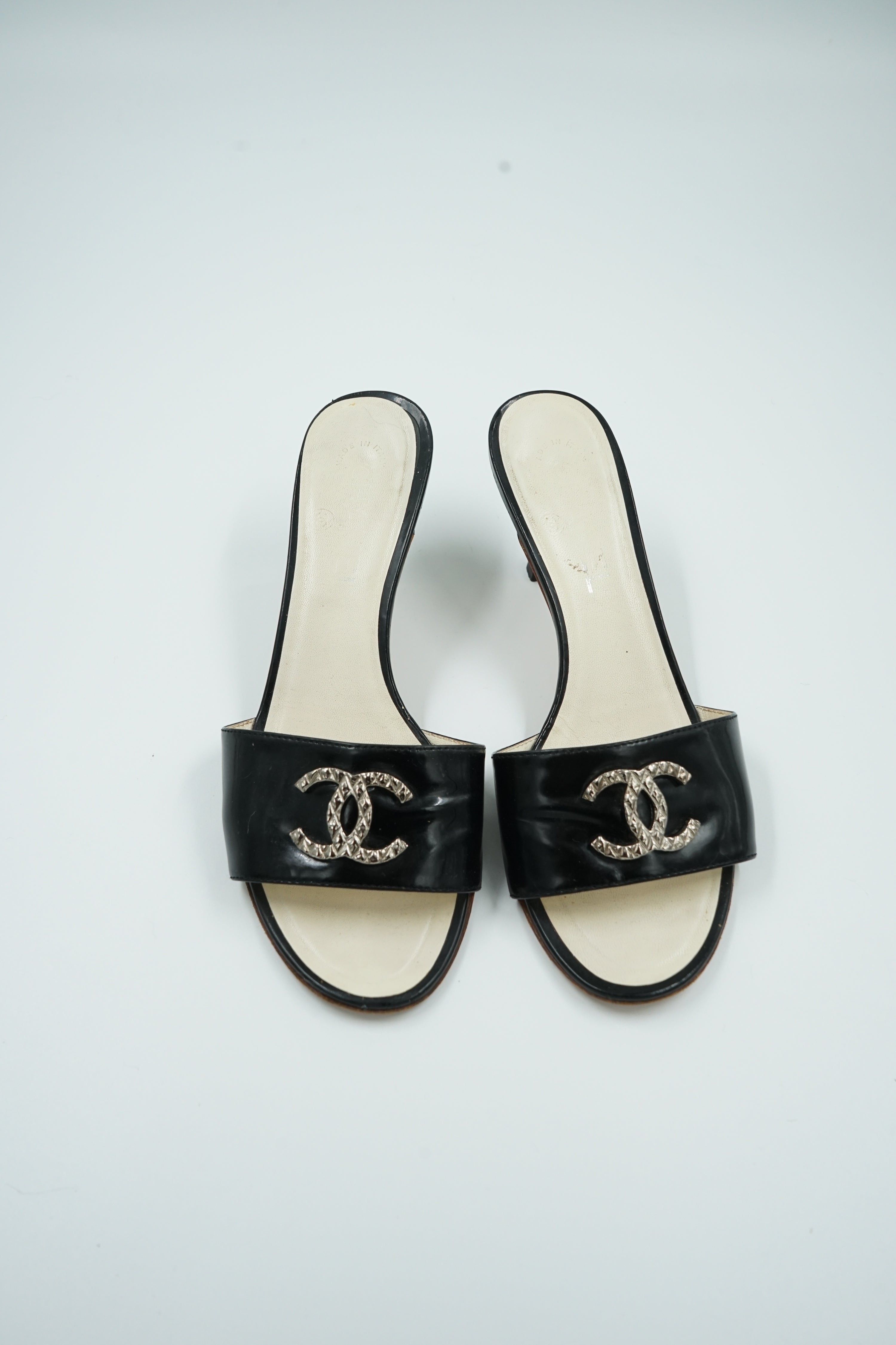 Chanel Patent Leather Logo Open Toe Mules