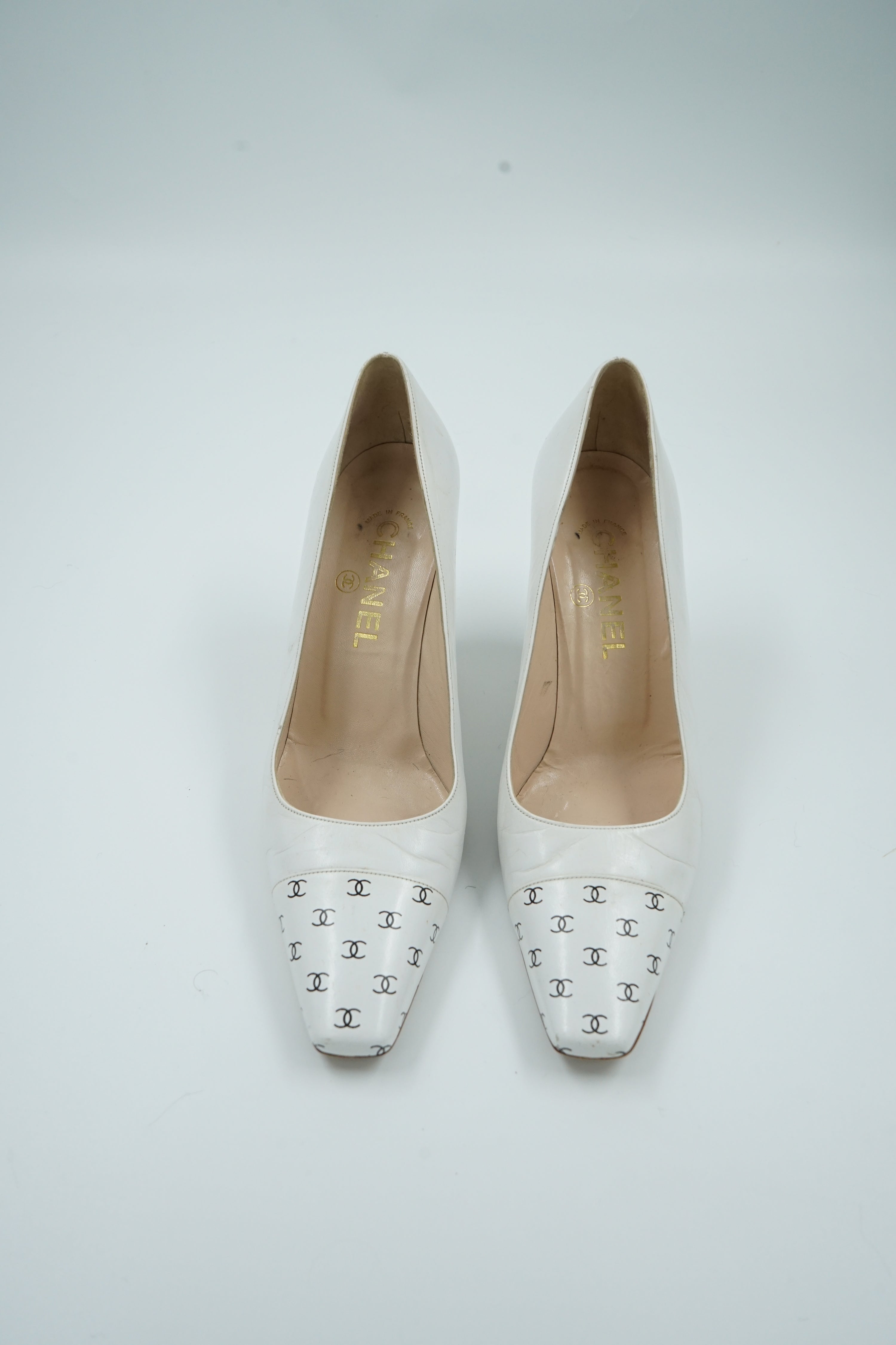 Chanel White Logo Cap Toe Pumps