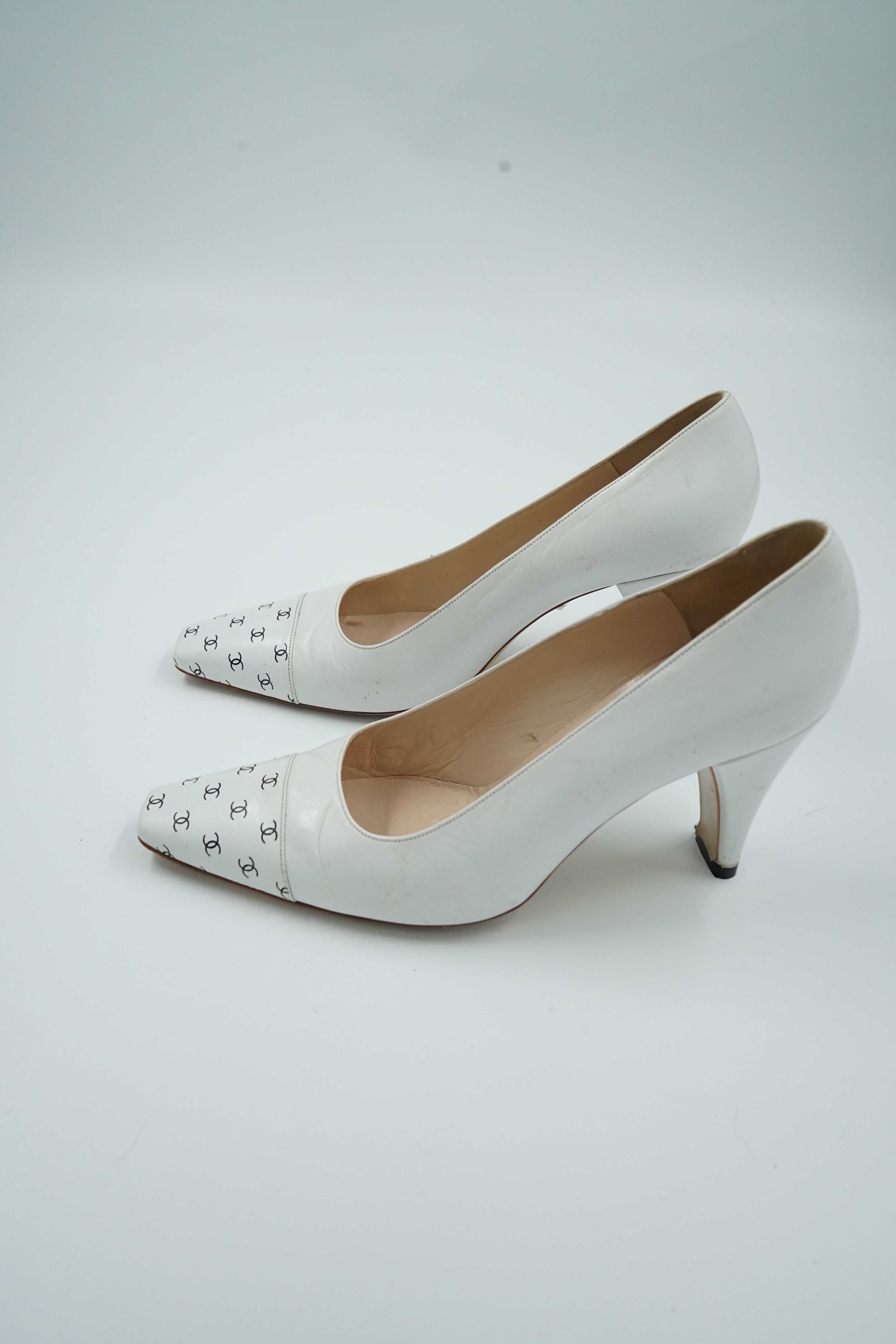 Chanel White Logo Cap Toe Pumps