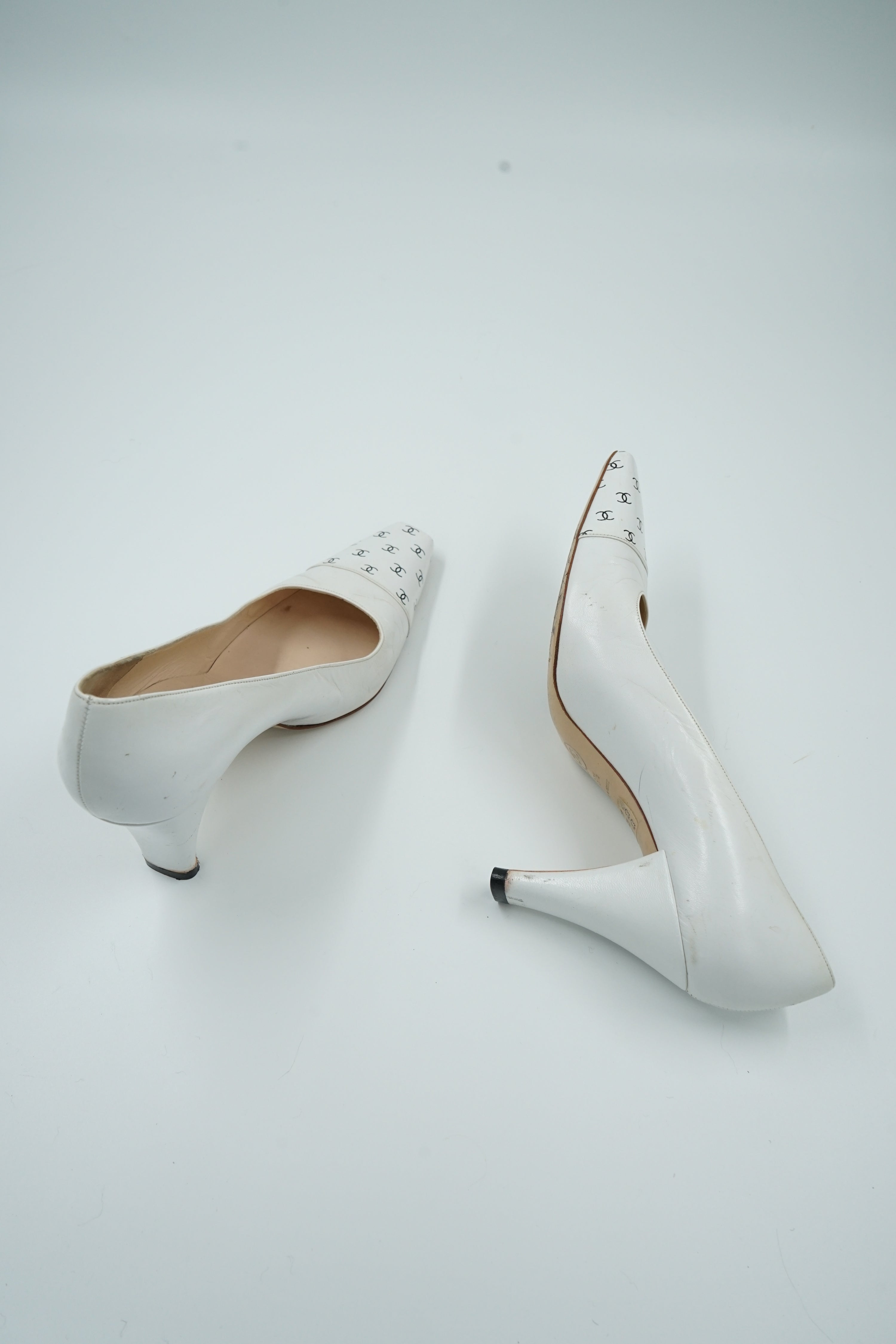 Chanel White Logo Cap Toe Pumps