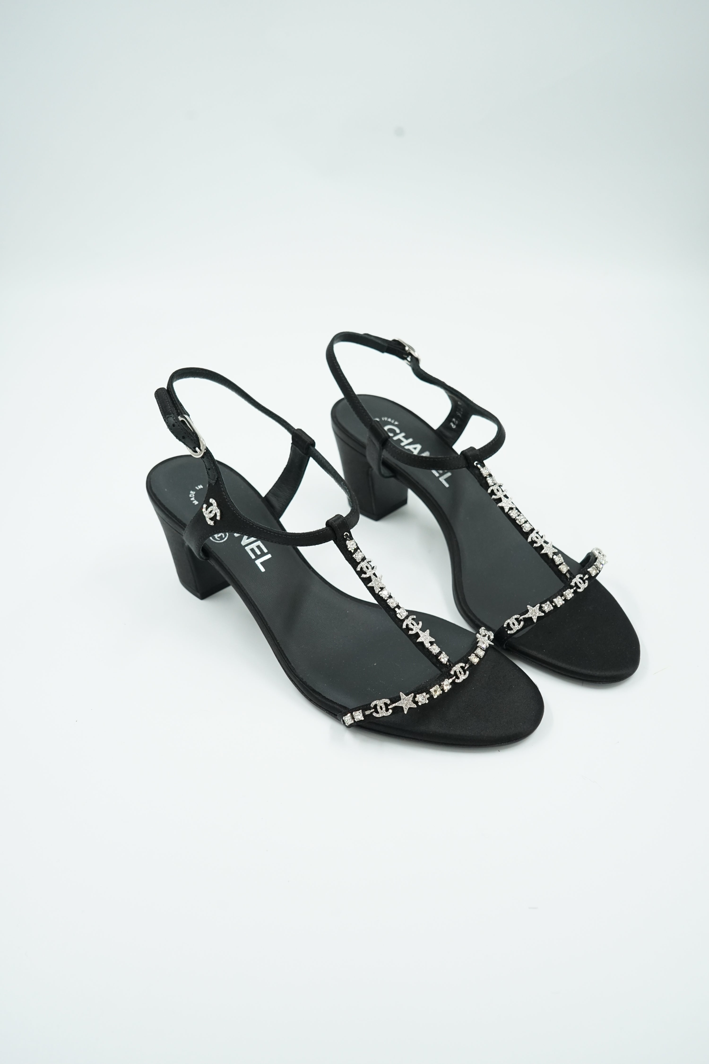 Chanel Runway Satin Crystal Embellished Block Heel Sandals