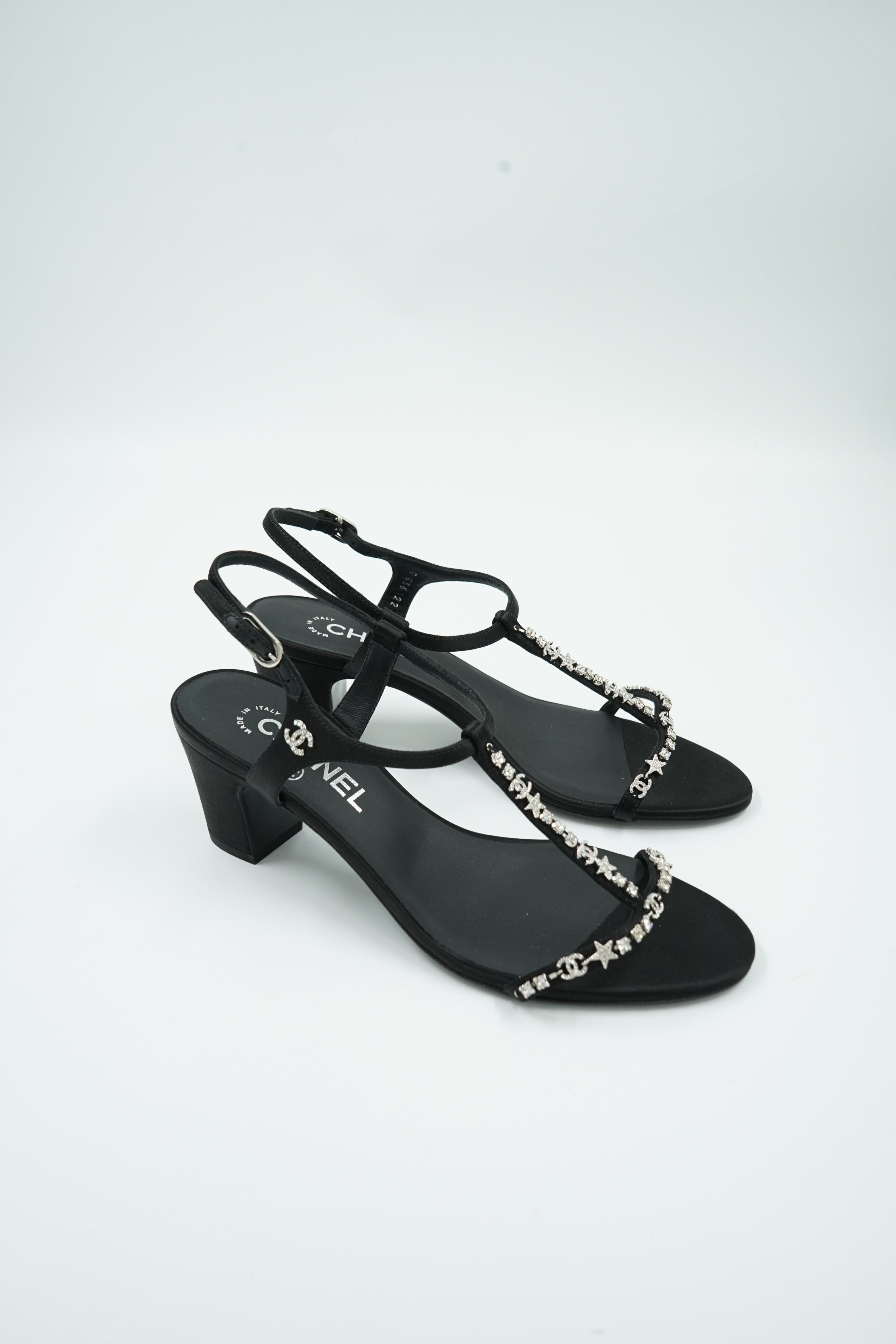 Chanel Runway Satin Crystal Embellished Block Heel Sandals