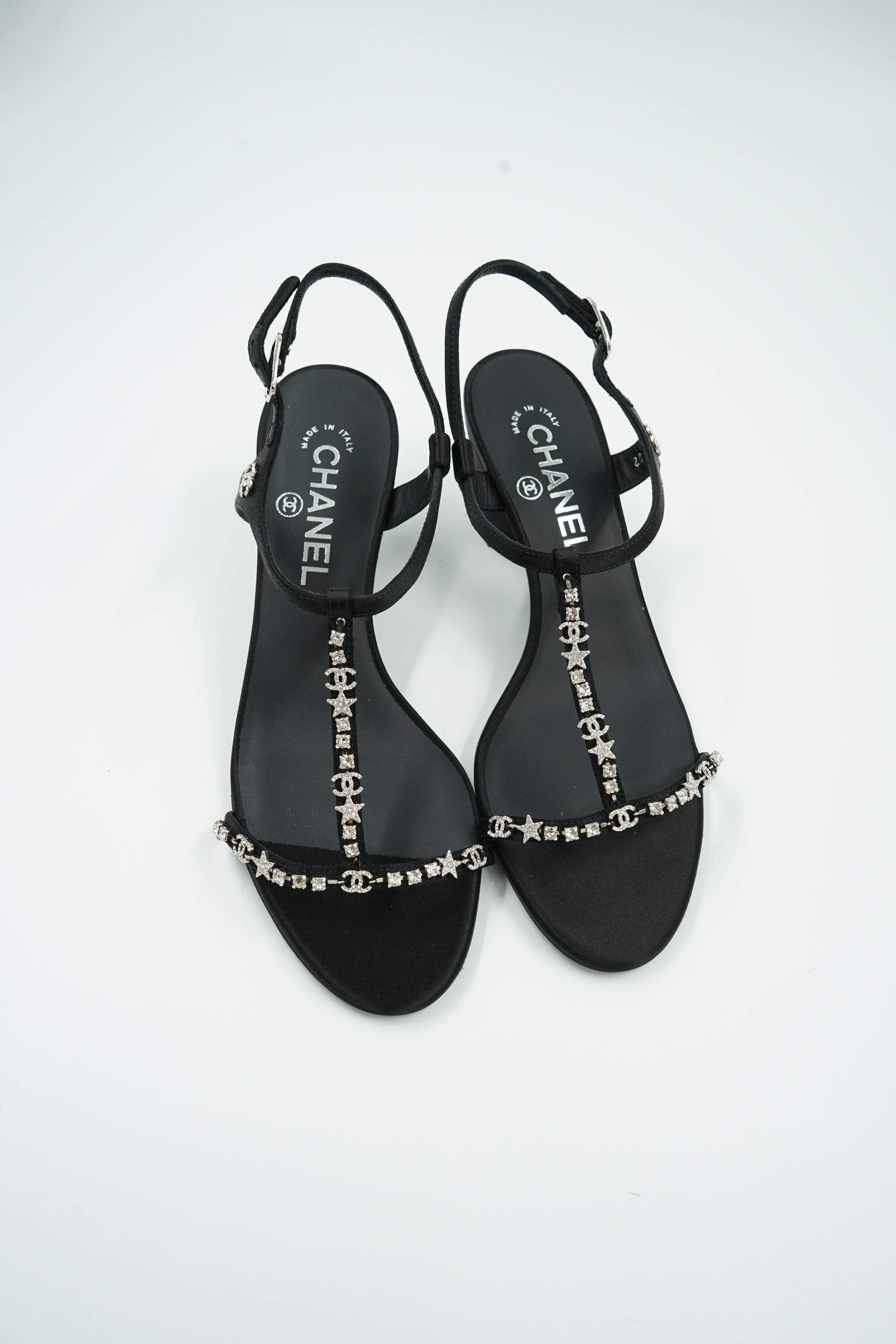 Chanel Runway Satin Crystal Embellished Block Heel Sandals