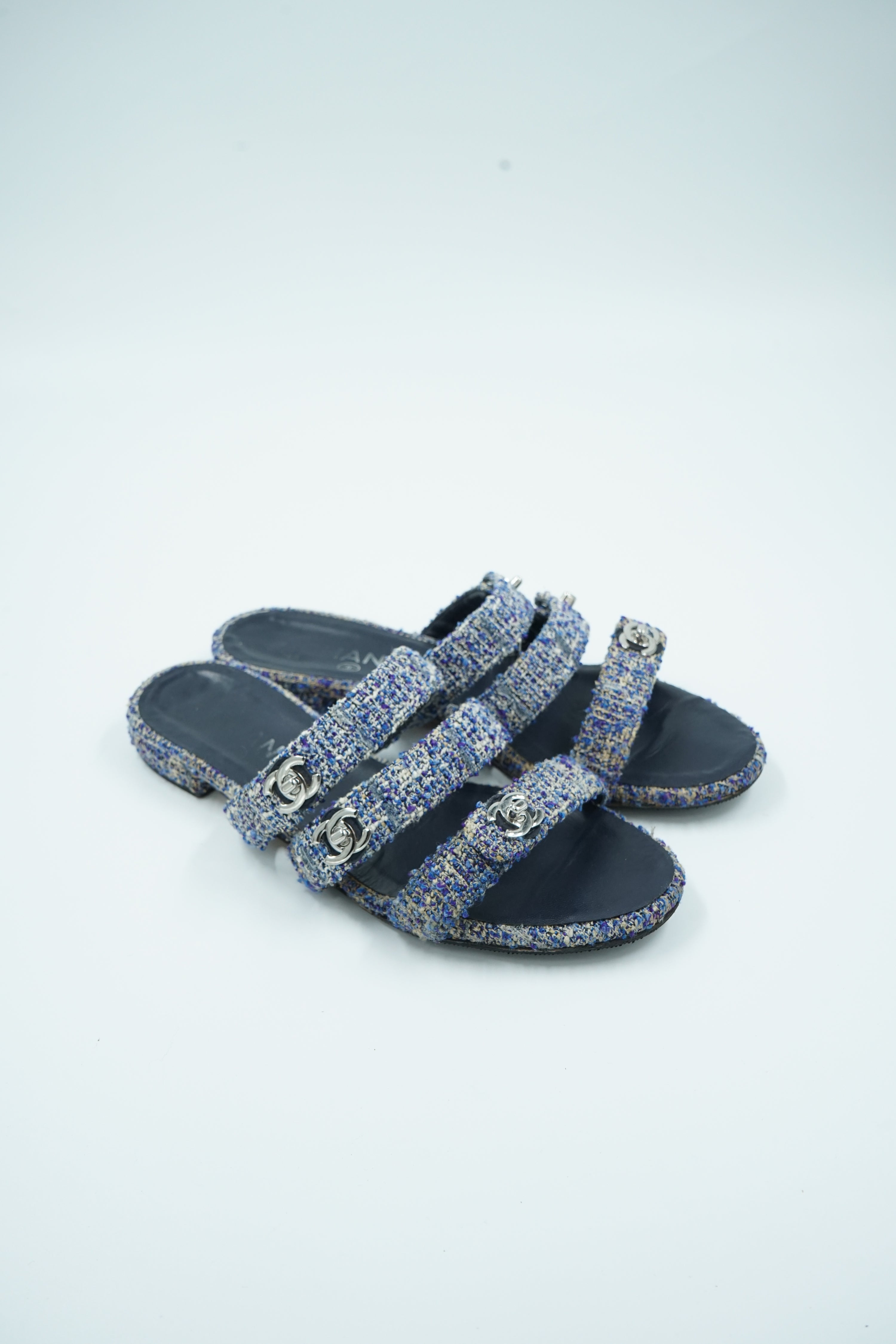 Chanel Tweed Turnlock Sandal Slides