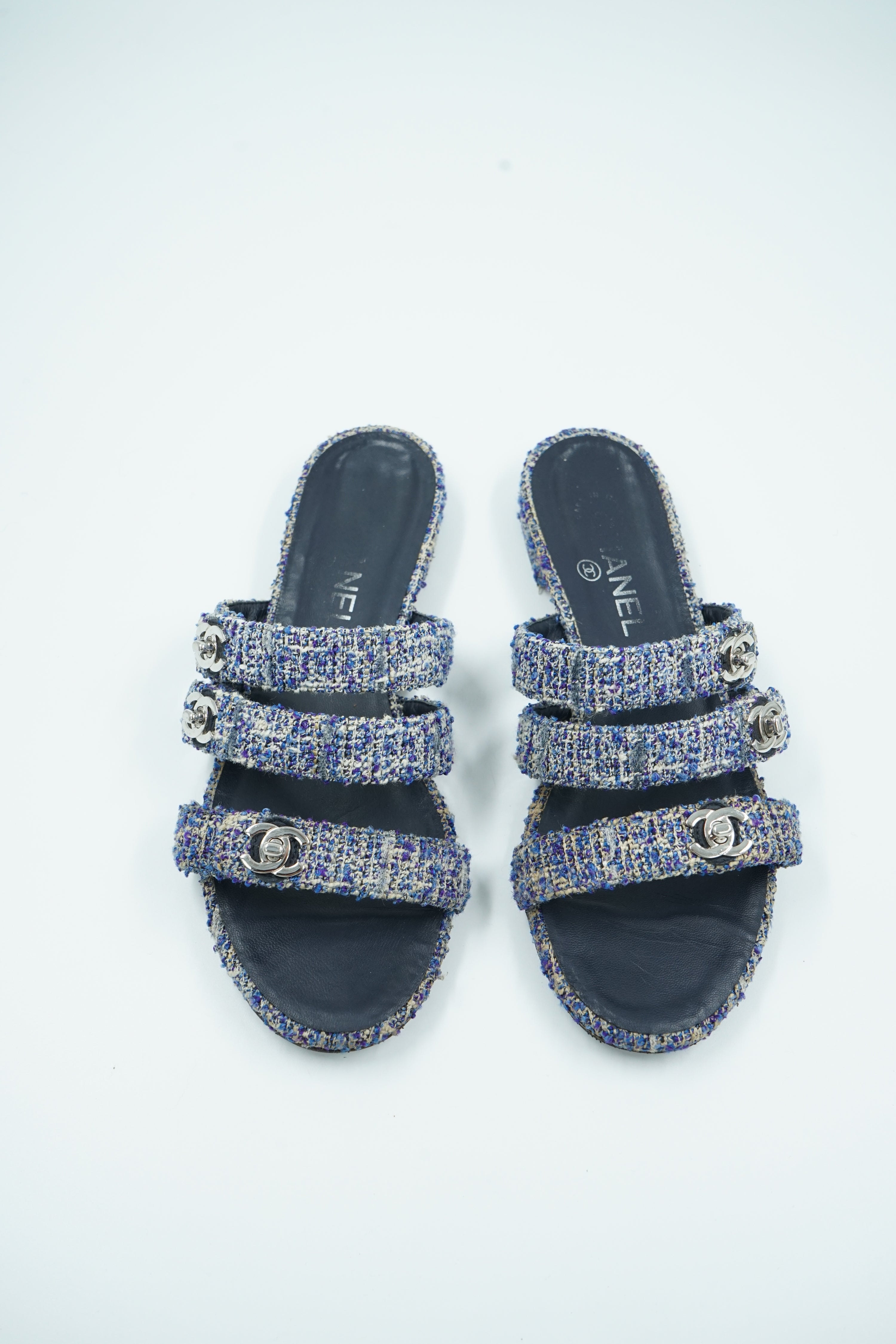 Chanel Tweed Turnlock Sandal Slides