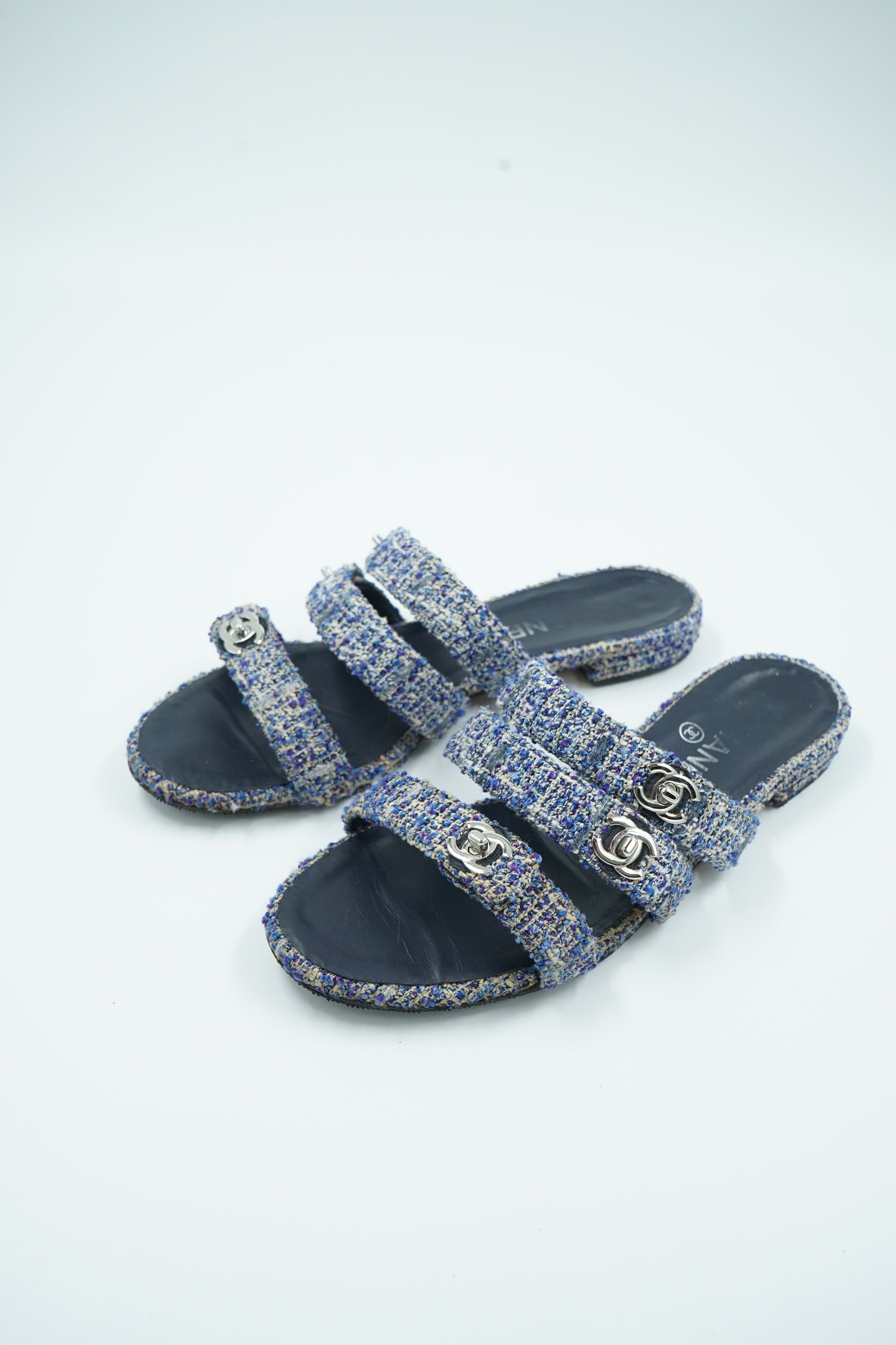 Chanel Tweed Turnlock Sandal Slides