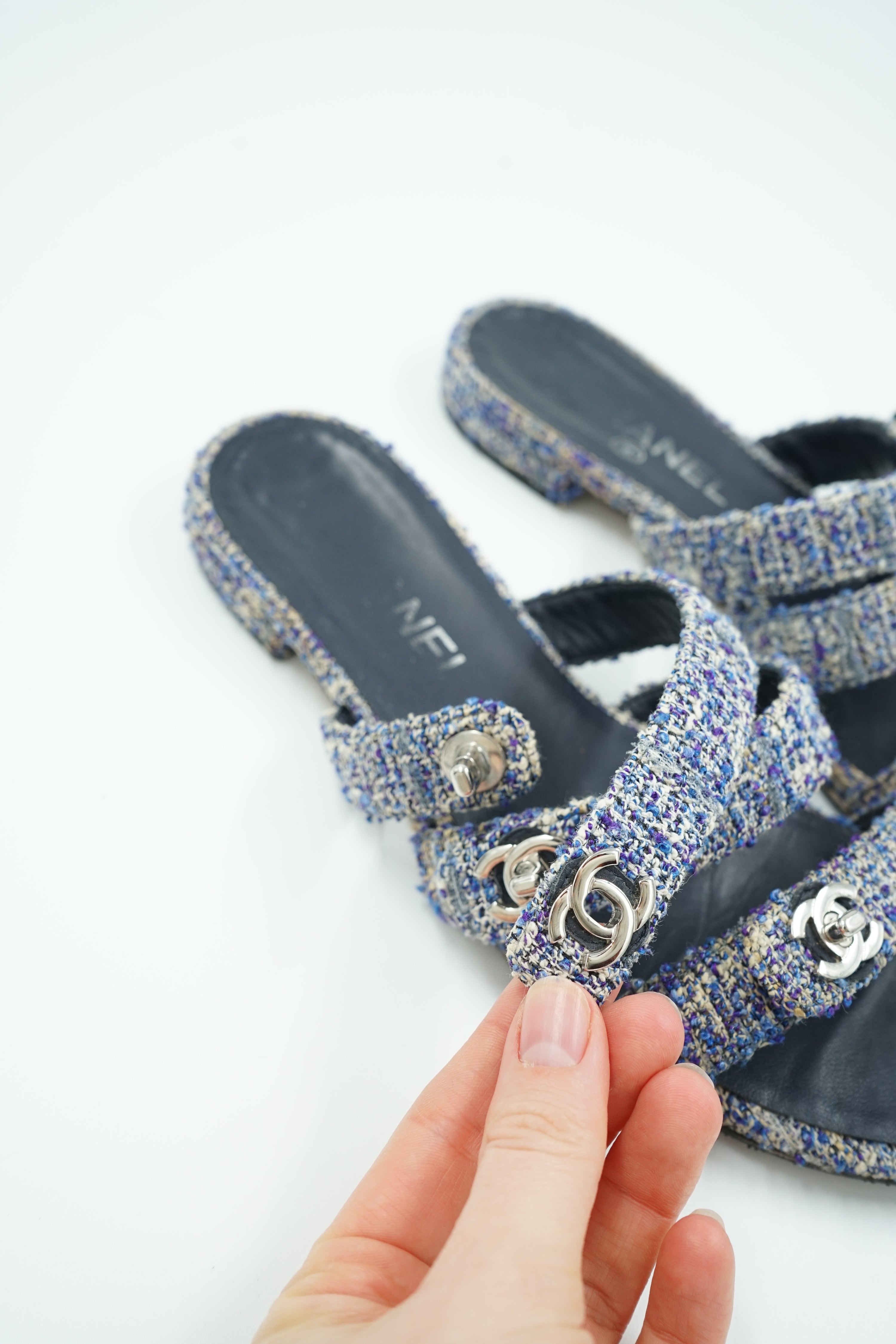 Chanel Tweed Turnlock Sandal Slides