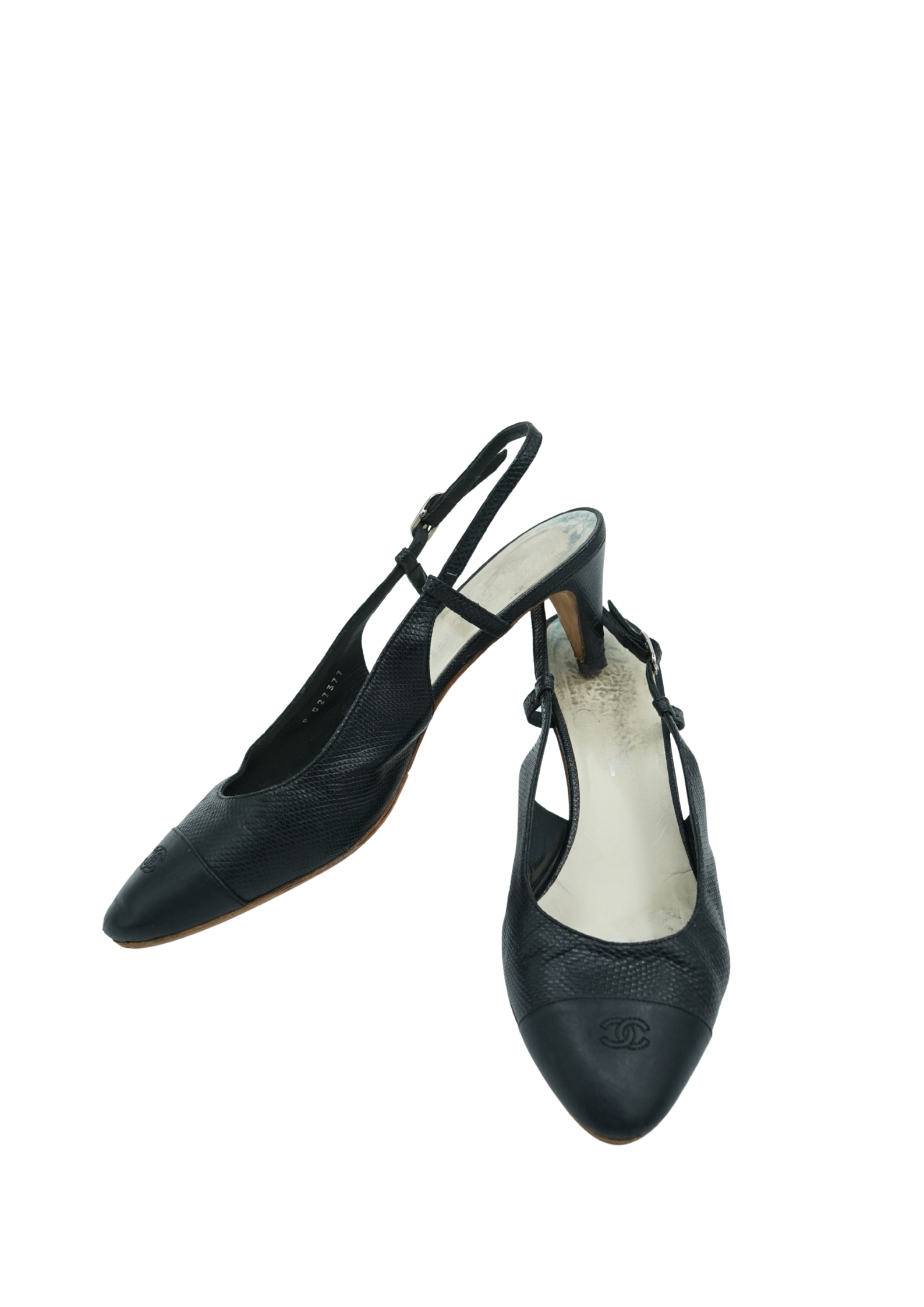 Chanel Textured Leather Cap Toe Slingback Pumps Black