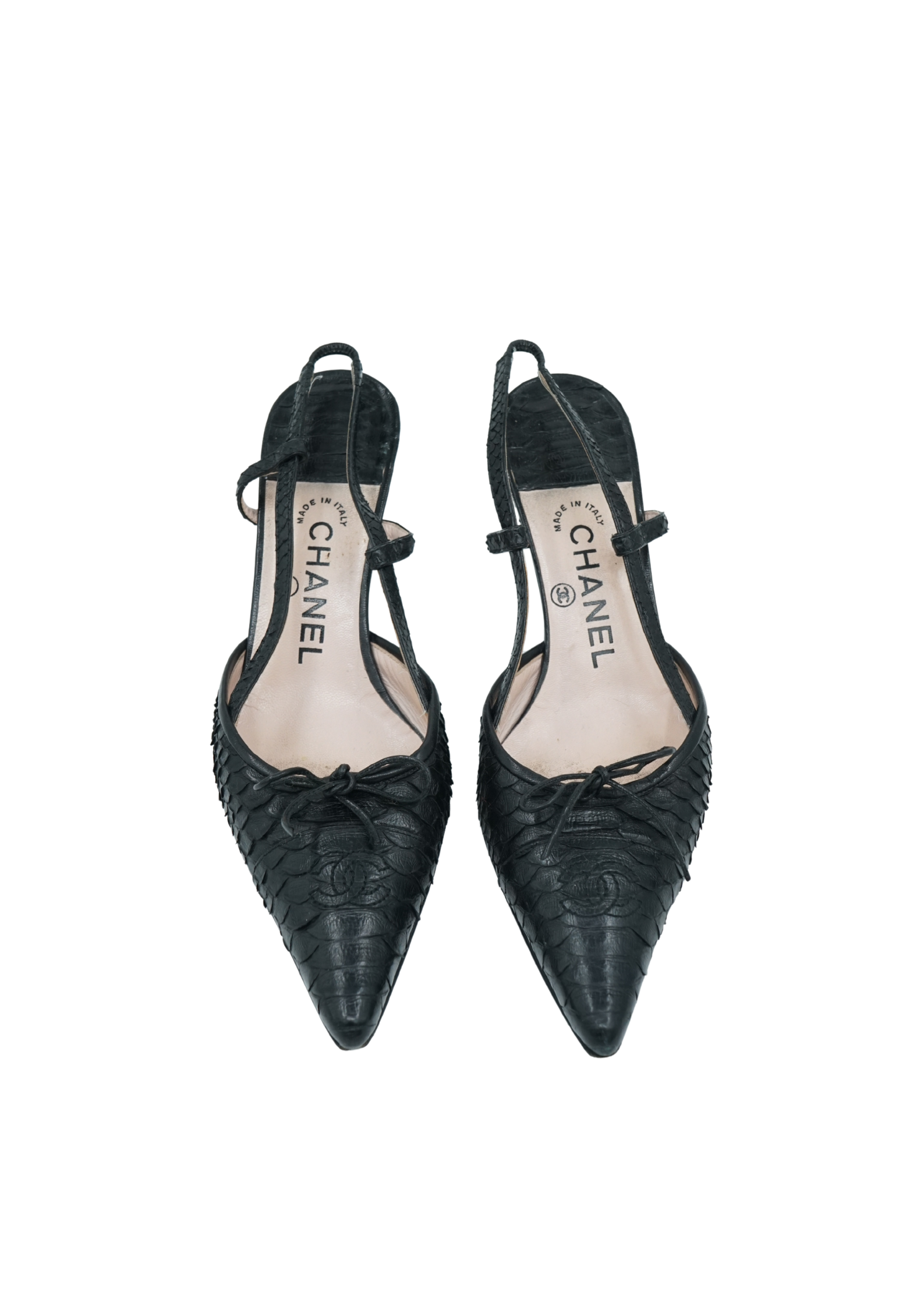 Chanel Logo Snake Heels