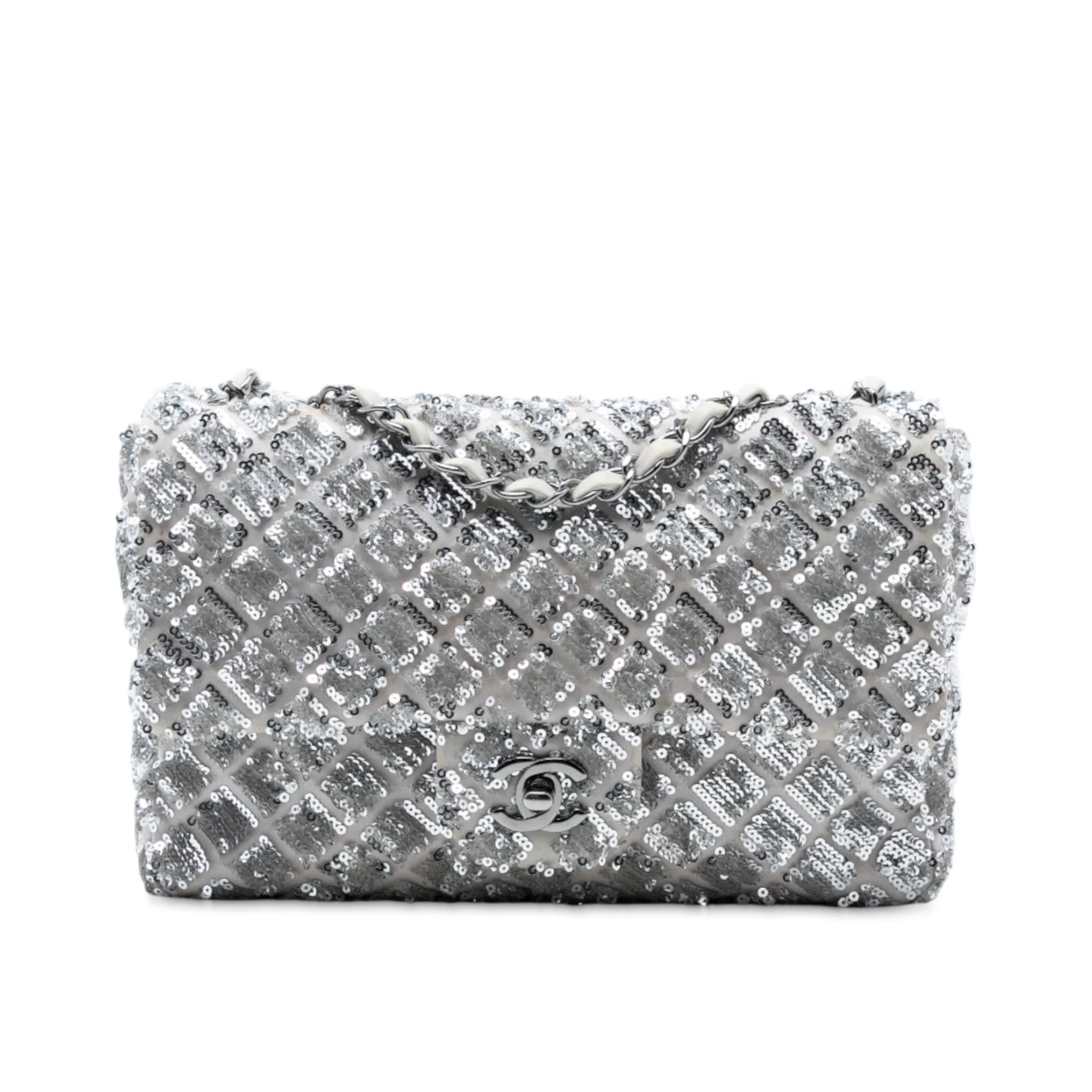 Chanel Medium Silver Sequin Single Flap Bag