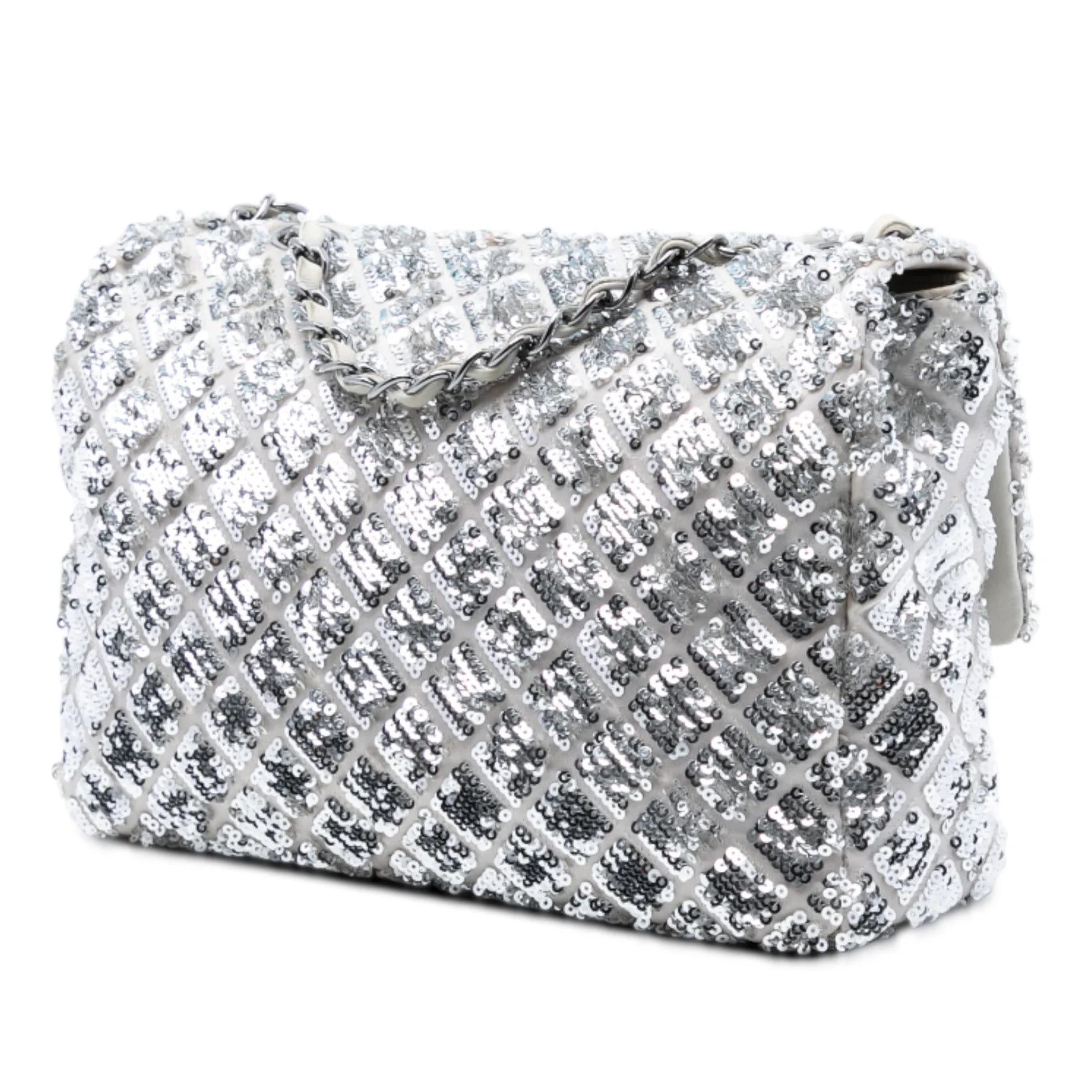 Chanel Medium Silver Sequin Single Flap Bag