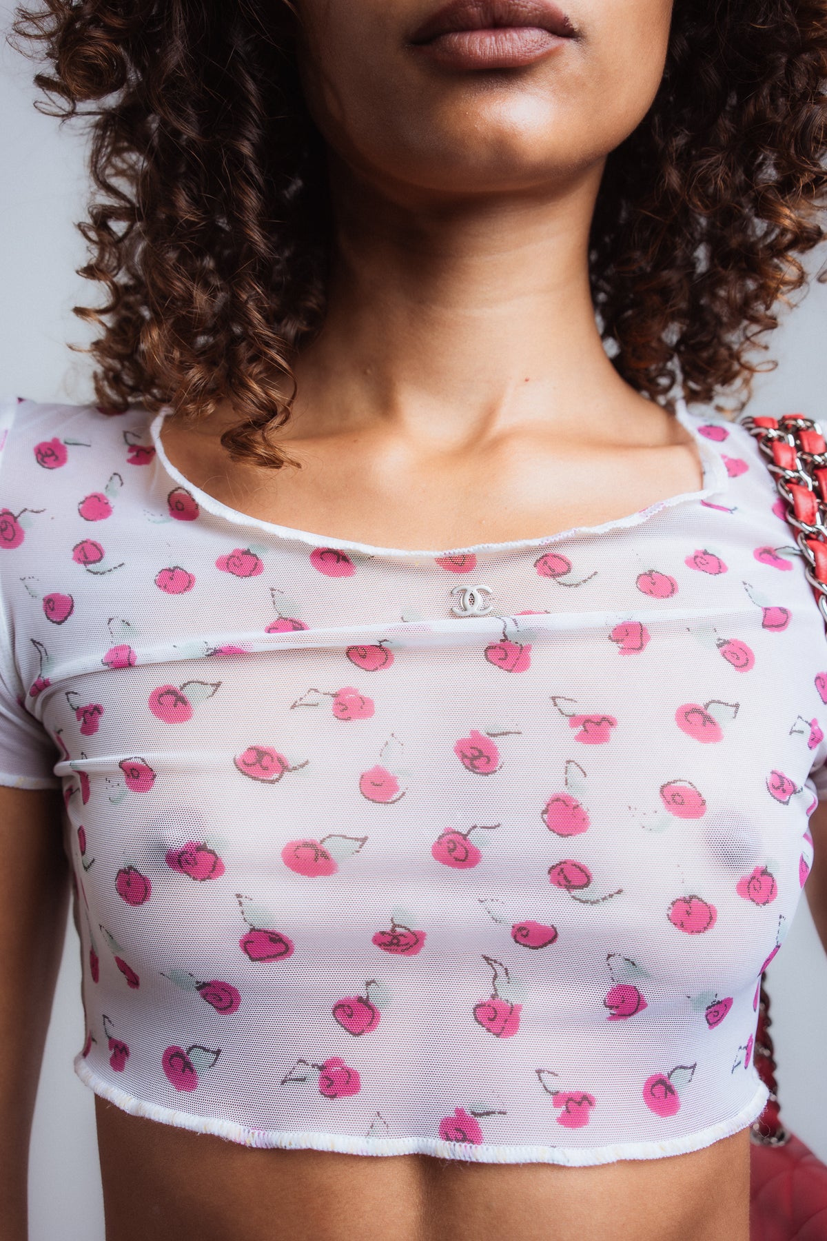 Chanel S1999 CC Logo Rose Print Mesh Crop Top