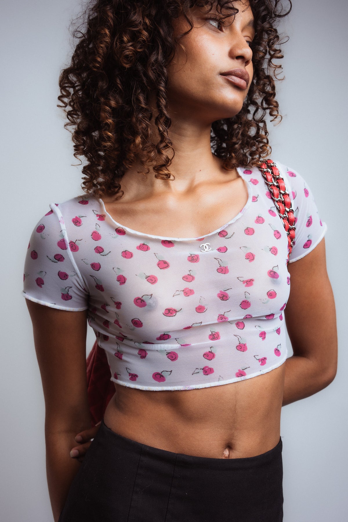 Chanel S1999 CC Logo Rose Print Mesh Crop Top