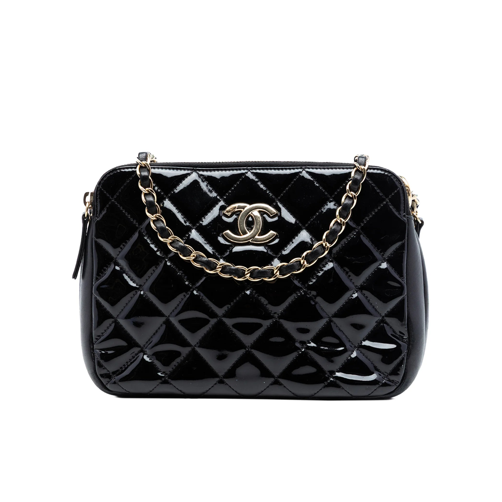 Chanel CC Quilted Patent Double Zip Camera Bag