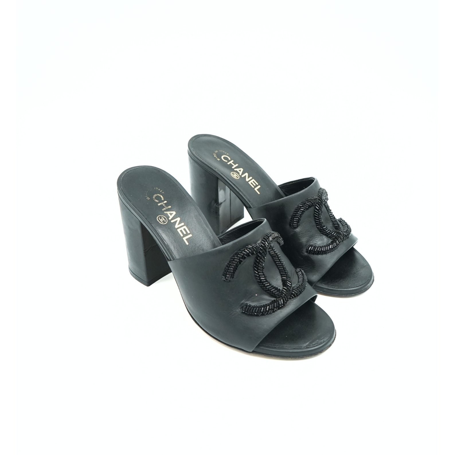 Chanel Leather Beaded CC Logo Open Toe Mule Sandals