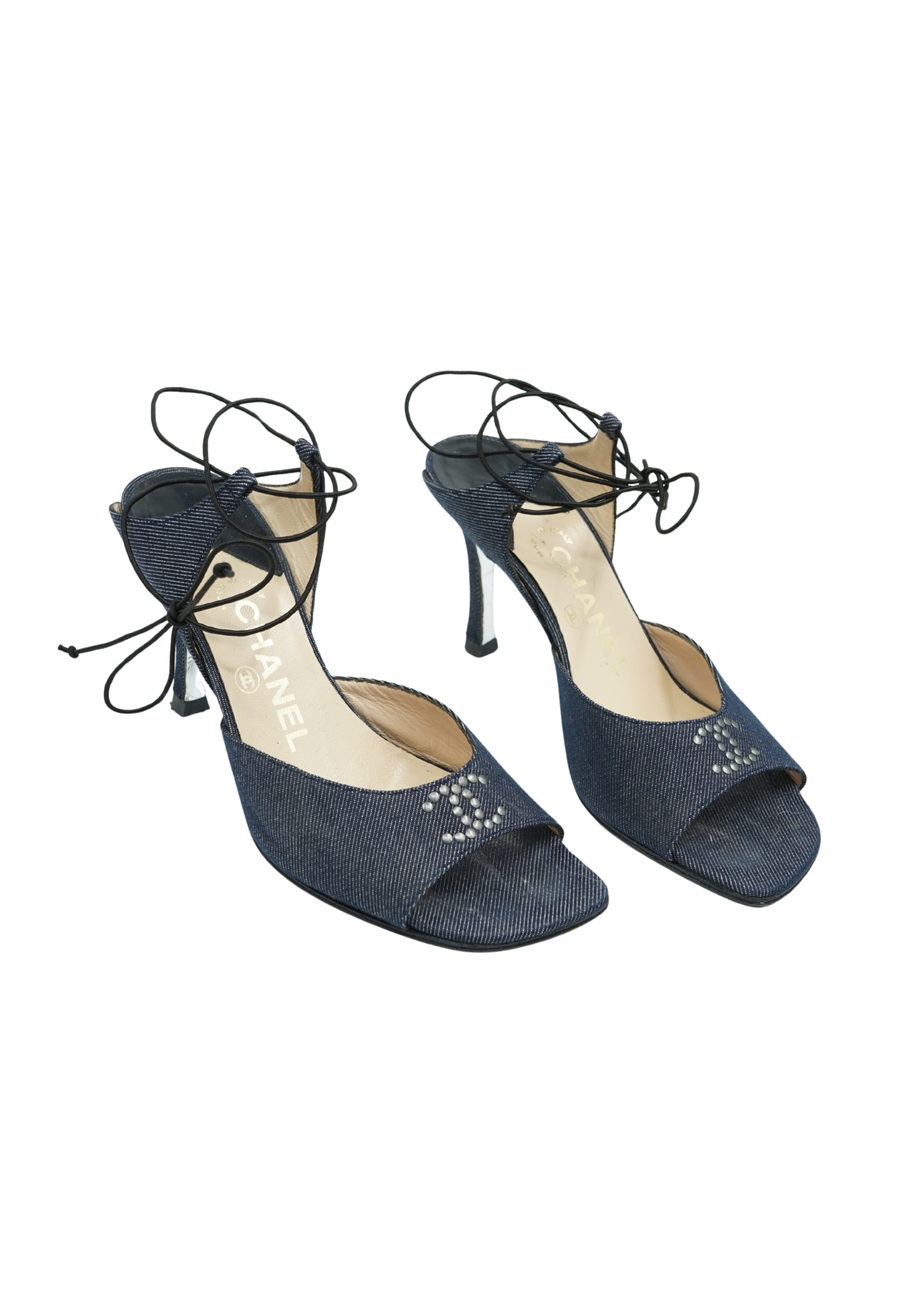 Chanel Denim Logo Ankle Lace Up Heels