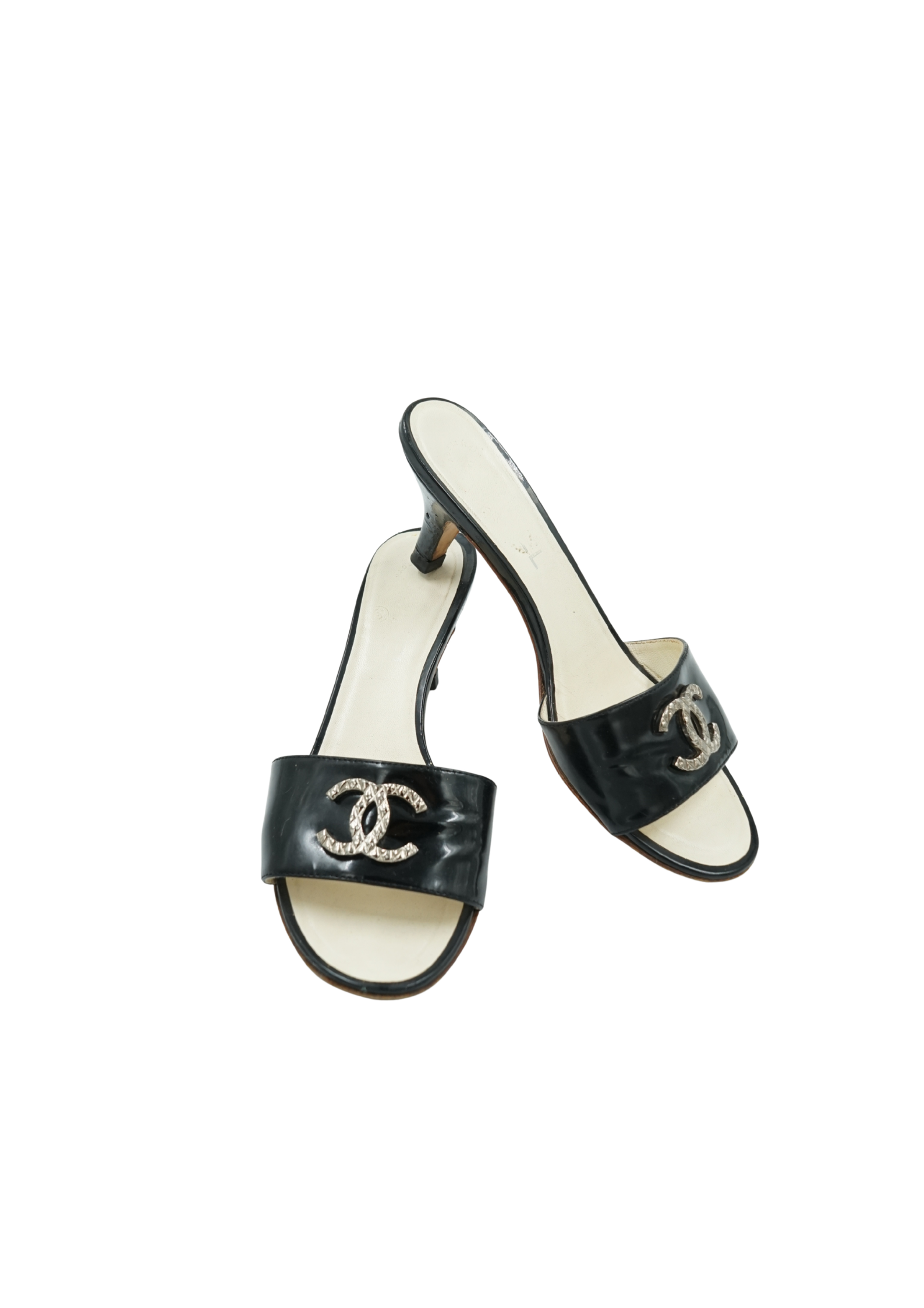 Chanel Patent Leather Logo Open Toe Mules