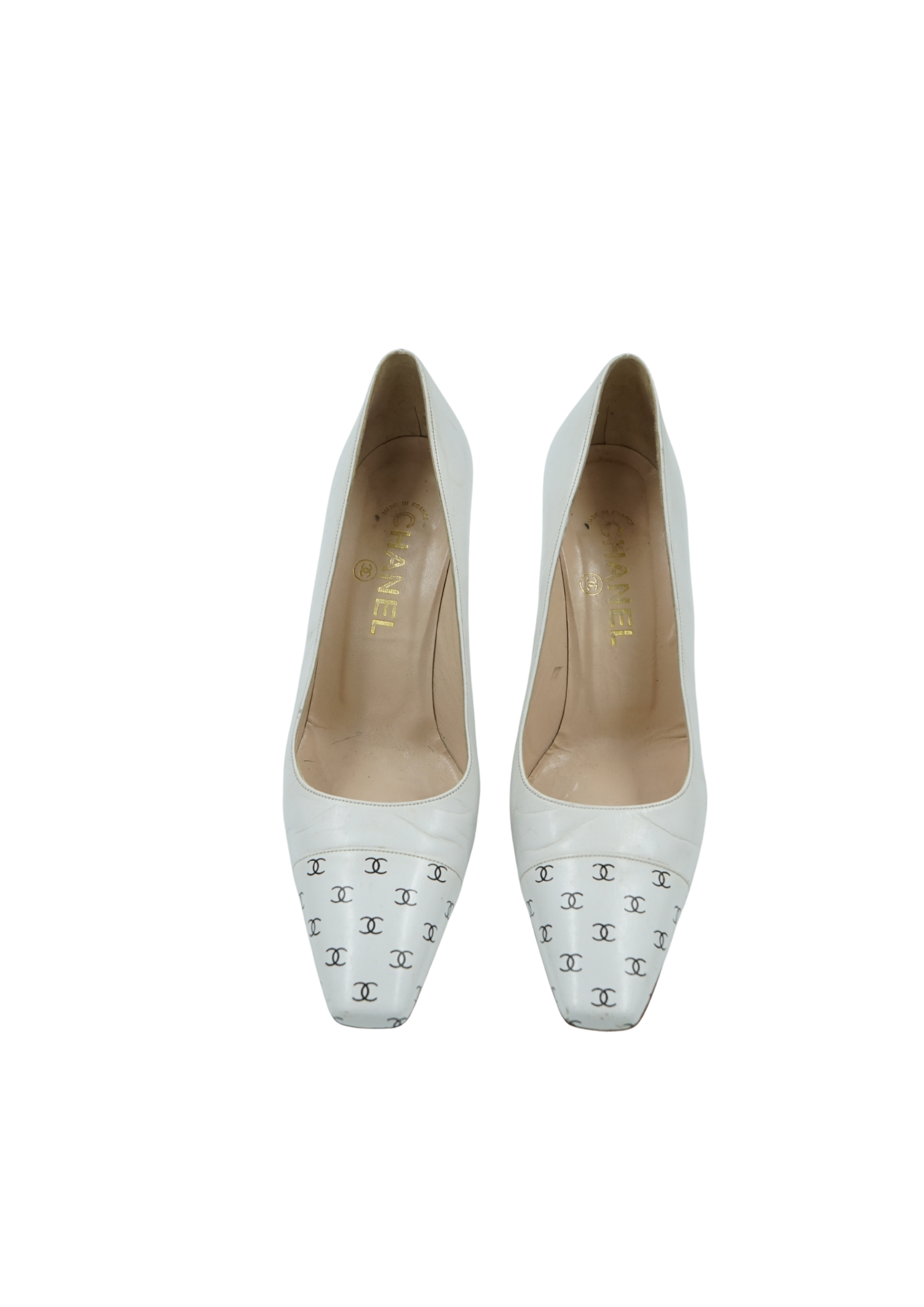 Chanel White Logo Cap Toe Pumps