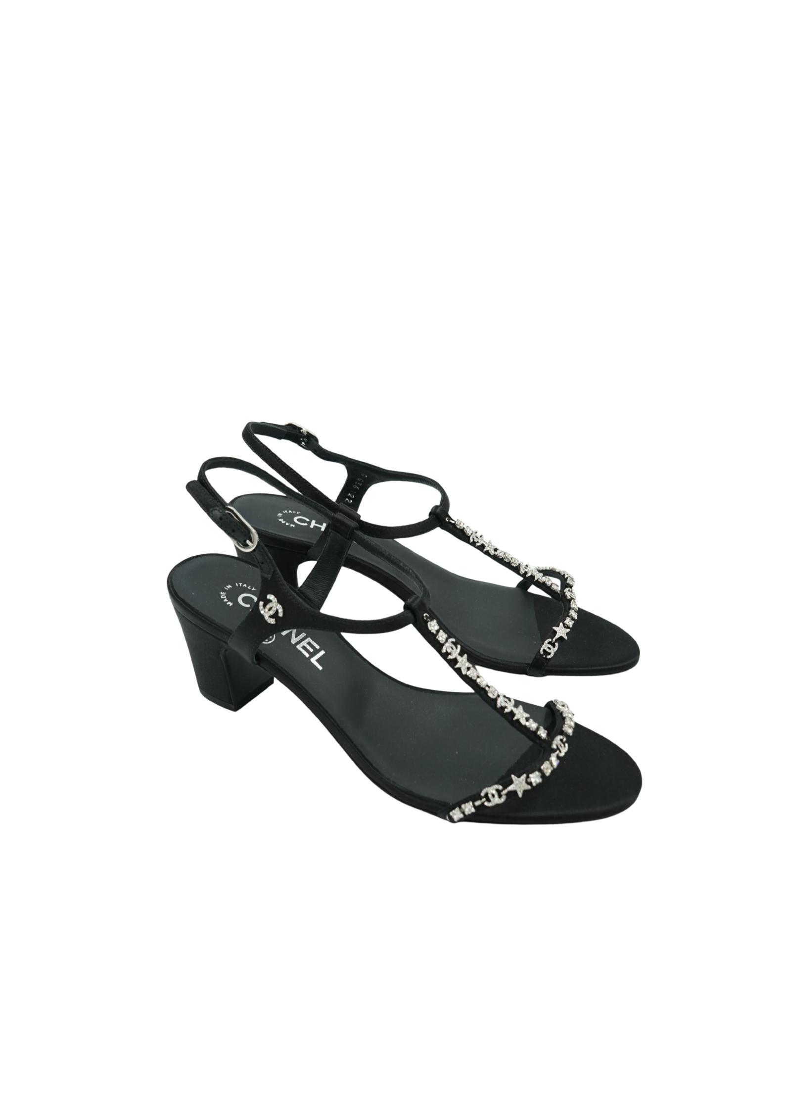 Chanel Runway Satin Crystal Embellished Block Heel Sandals