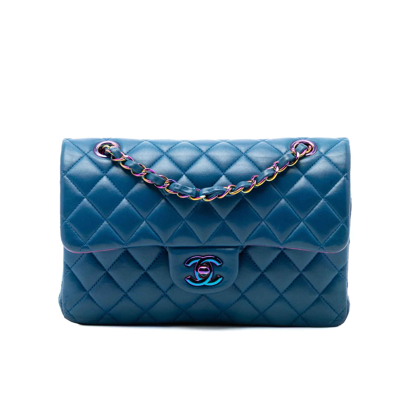 Chanel Small Classic Rainbow Hardware Double Flap Bag Blue